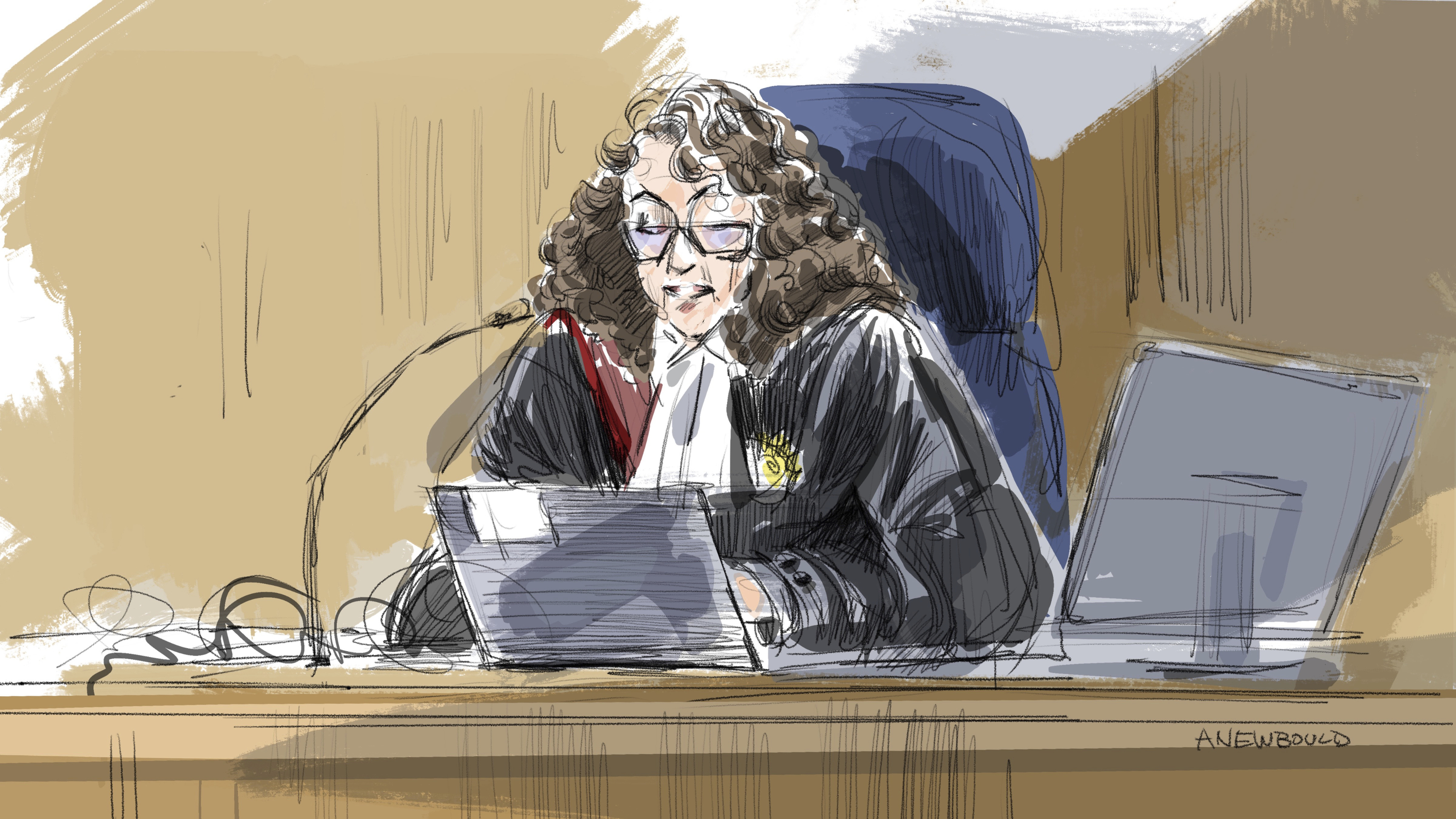 In this courtroom sketch, Superior Court Justice Maria Carroccia delivers her ruling in the sexual assault trial for five former members of Canada's world junior hockey team, Thursday, July 24, 2025, in London, Ontario.