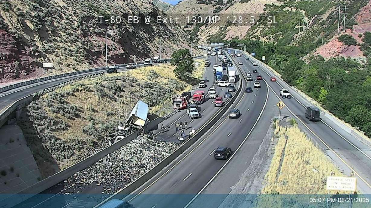 A semitruck transporting beer crashed on I-80 at the mouth of Parleys Canyon, closing the freeway westbound during rush hour on Thursday.