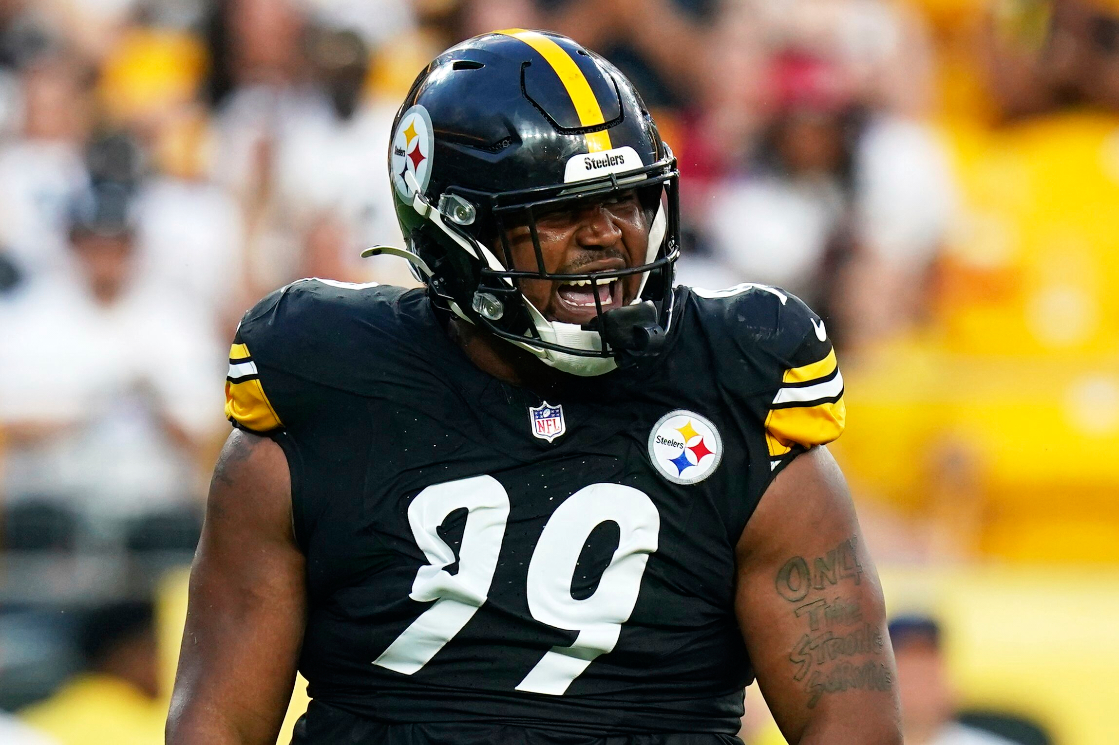 Pittsburgh Steelers defensive tackle Derrick Harmon celebrates sacking Tampa Bay Buccaneers quarterback Kyle Trask during the first half of an NFL football preseason game, Saturday, Aug. 16, 2025 in Pittsburgh.
