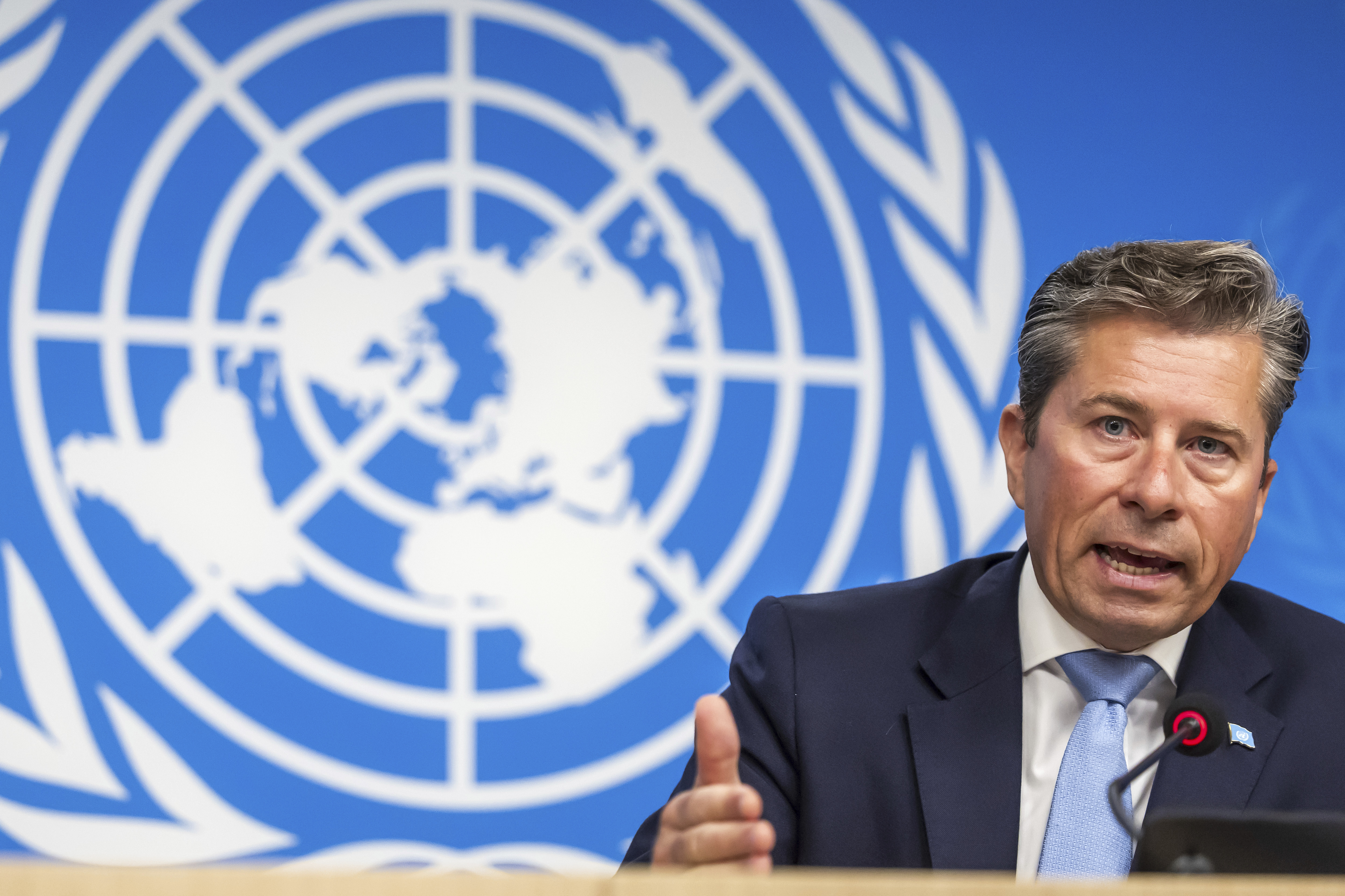 Tom Fletcher, Under-Secretary-General for Humanitarian Affairs and Emergency Relief Coordinator, briefs the media about the hunger in the Gaza Strip, during a press conference at the European headquarters of the United Nations in Geneva, Switzerland on Friday.