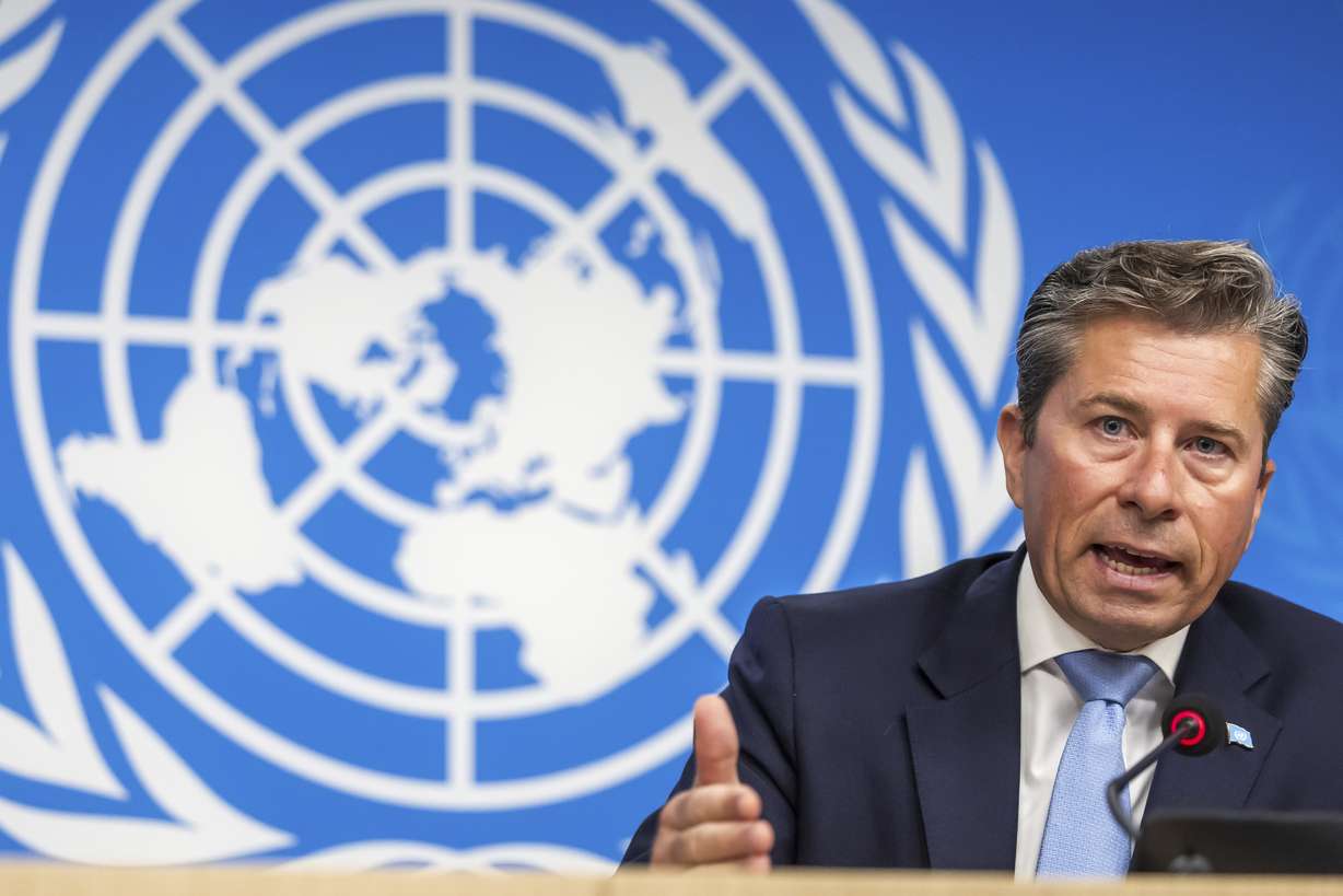 Tom Fletcher, Under-Secretary-General for Humanitarian Affairs and Emergency Relief Coordinator, briefs the media about the hunger in the Gaza Strip, during a press conference at the European headquarters of the United Nations in Geneva, Switzerland on Friday.