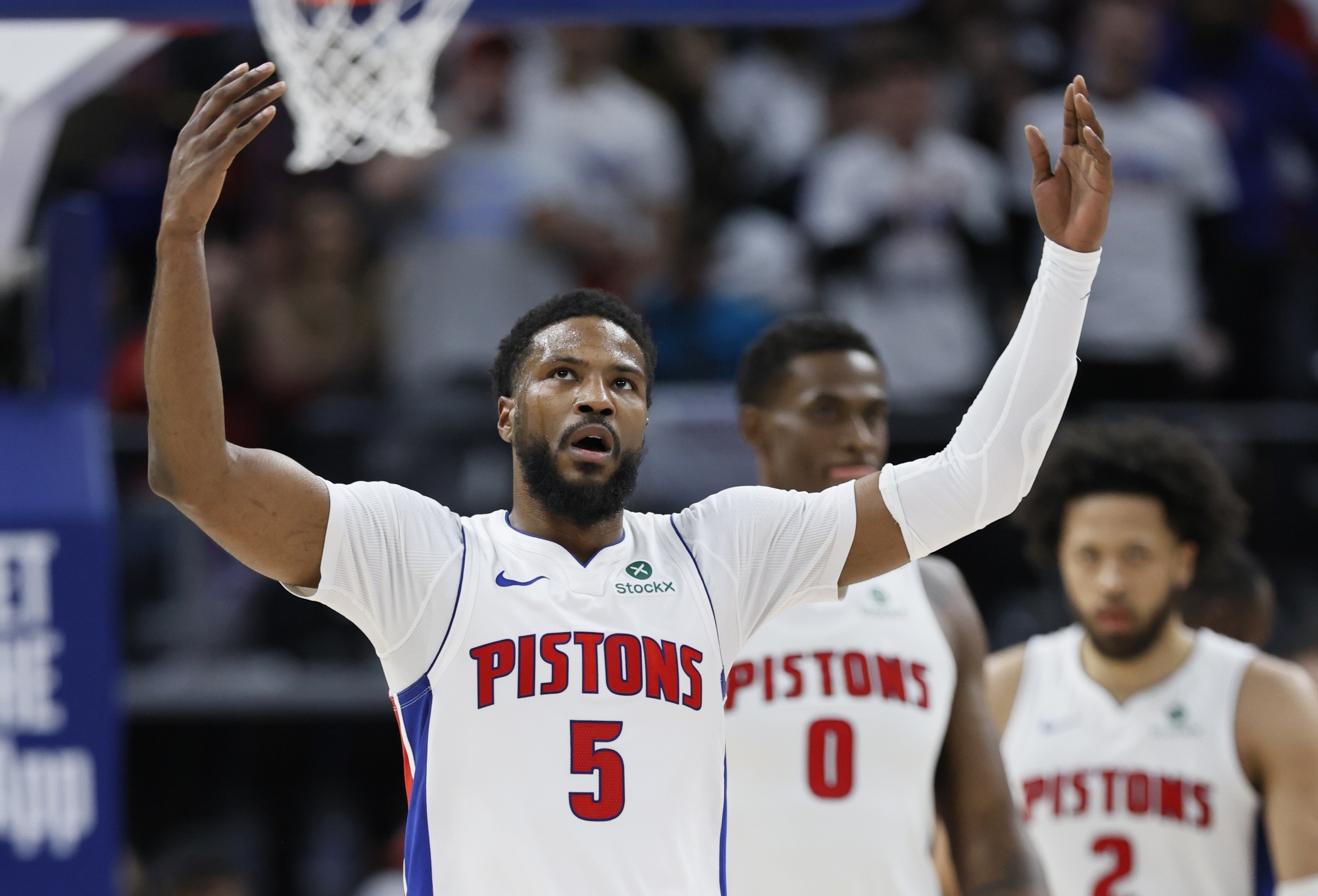 FILE - Detroit Pistons guard Malik Beasley (5) celebrates after scoring against the New York Knicks during the first half of Game 6 of an NBA basketball first-round playoff series Thursday, May 1, 2025, in Detroit. 