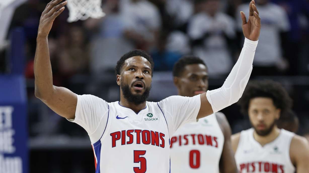 FILE - Detroit Pistons guard Malik Beasley (5) celebrates after scoring against the New York Knicks during the first half of Game 6 of an NBA basketball first-round playoff series Thursday, May 1, 2025, in Detroit.