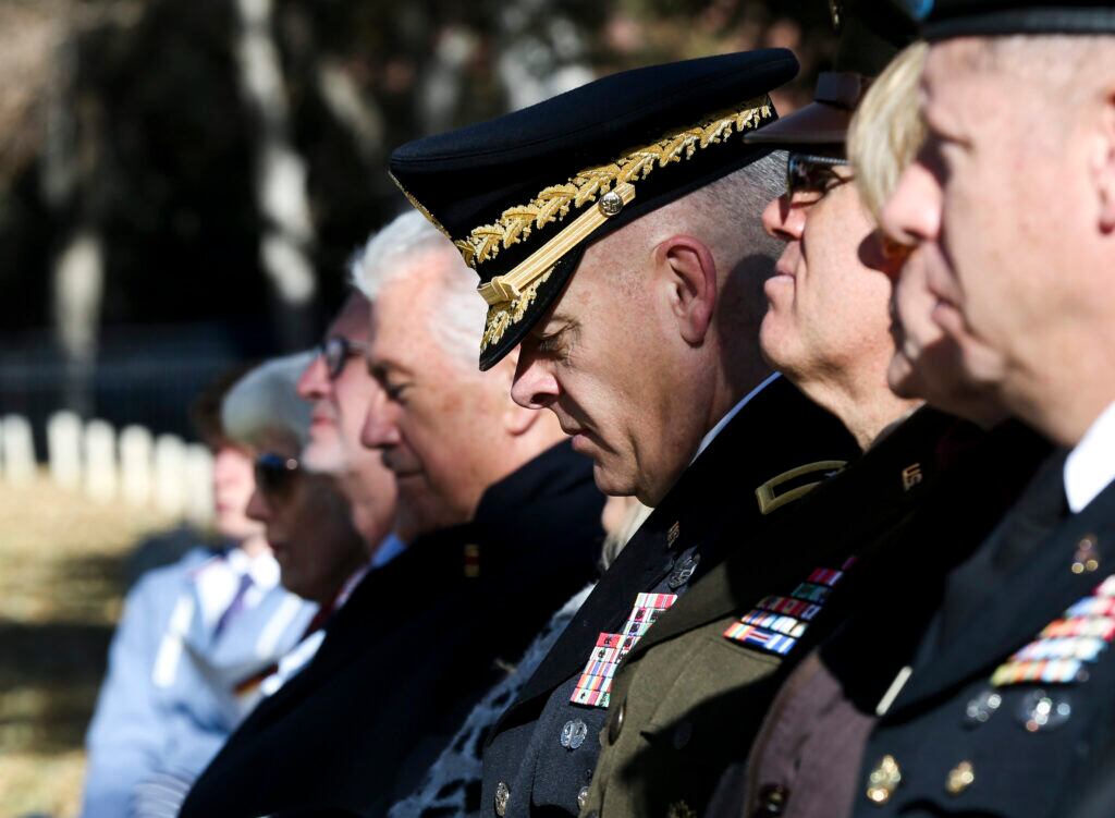 Brig. Gen. Michael Turley listens to speeches during the Volkstrauertag ceremony at the Fort Douglas Military Cemetery in Salt Lake City on Nov. 17, 2019.