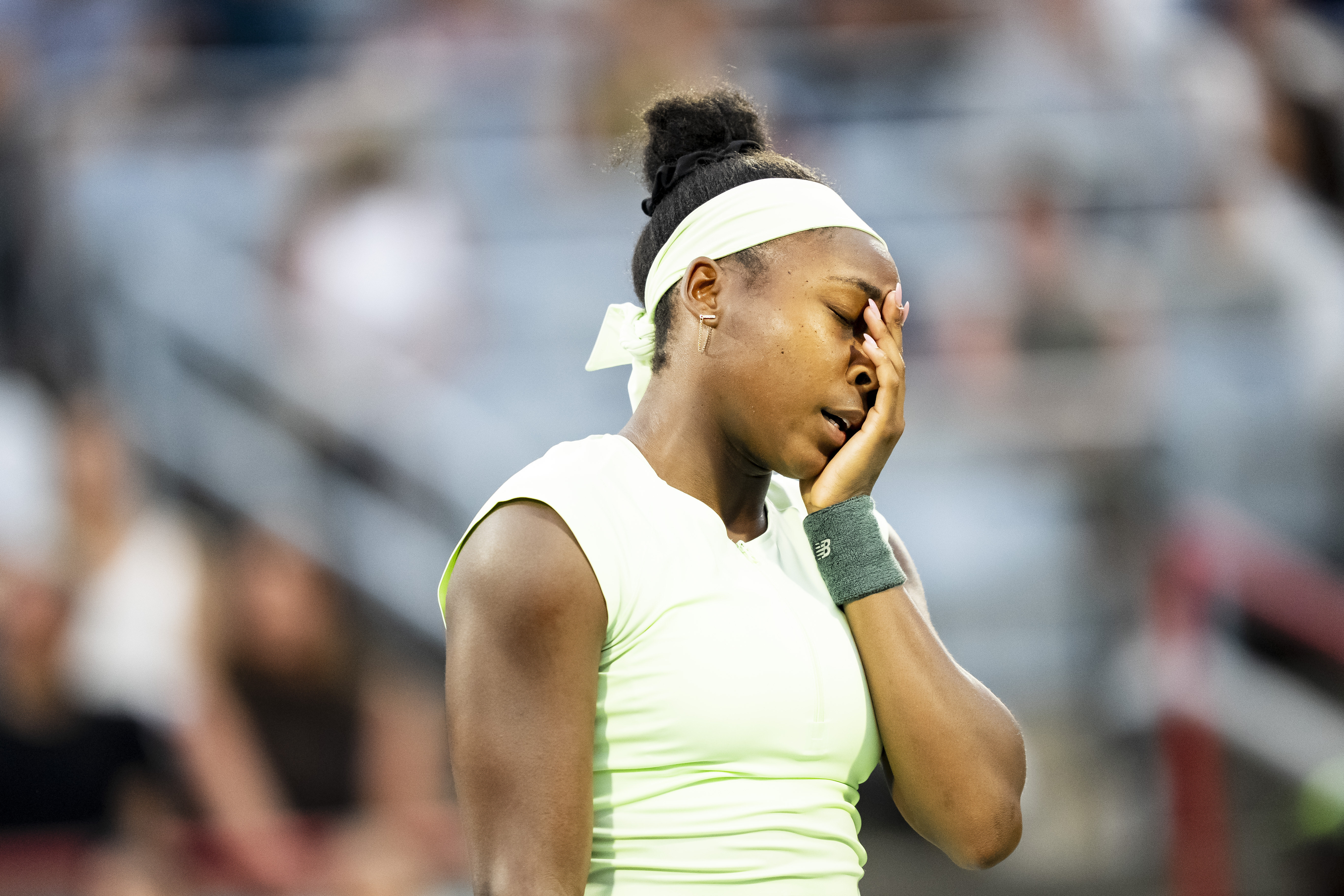 Coco Gauff of the USA reacts during second round tennis action against Danielle Collins of the USA at the National Bank Open tennis tournament in Montreal on Tuesday, July 29, 2025. 