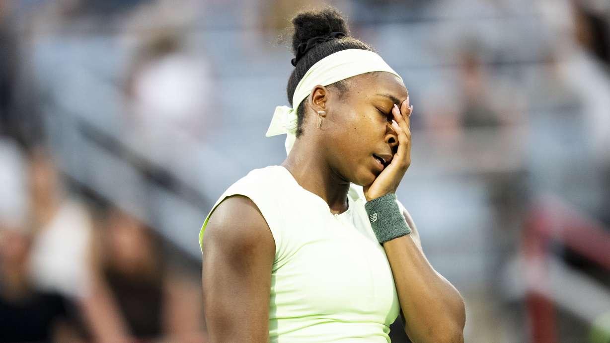 Coco Gauff of the USA reacts during second round tennis action against Danielle Collins of the USA at the National Bank Open tennis tournament in Montreal on Tuesday, July 29, 2025.