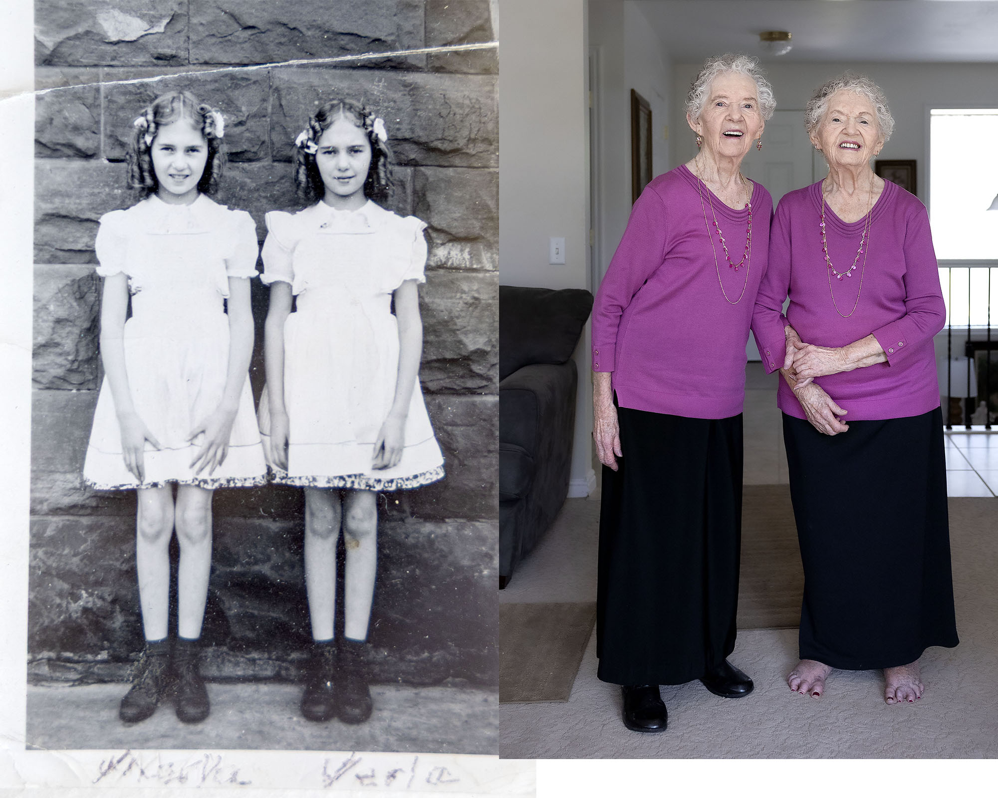 Twin sisters Merla Swensen and Verla Starkey are pictured in two photographs; one at age 11 and the other at age 95. Swensen and Starkey currently live together with their daughters in Kaysville on Wednesday.