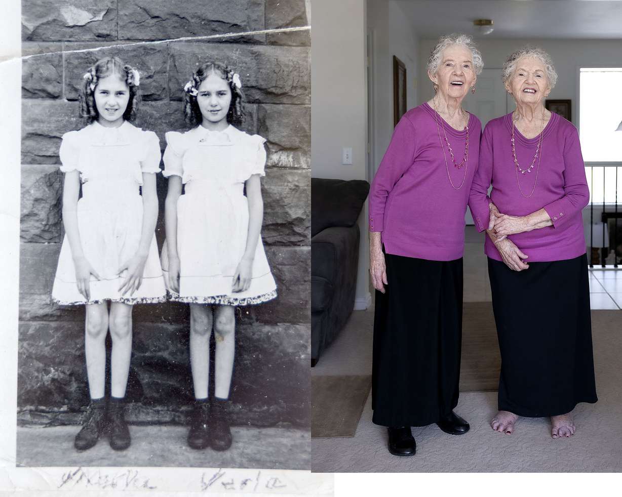 Twin sisters Merla Swensen and Verla Starkey are pictured in two photographs; one at age 11 and the other at age 95. Swensen and Starkey currently live together with their daughters in Kaysville on Wednesday.