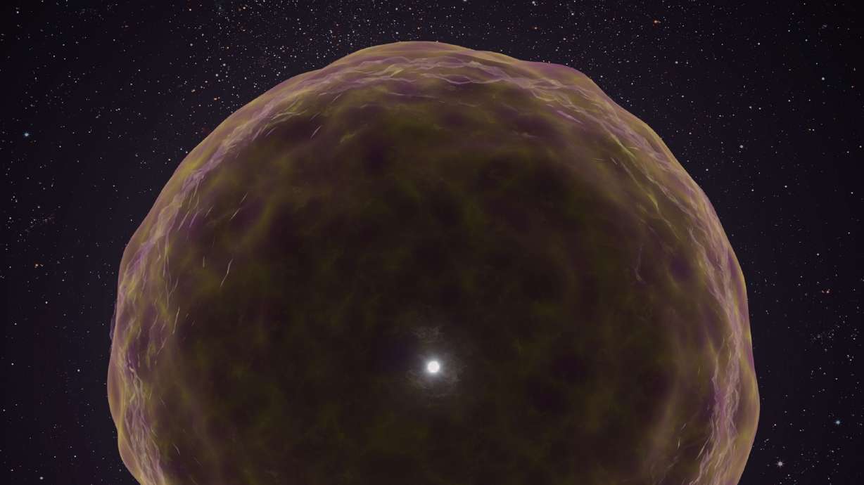 An artist’s illustration depicts silicon, argon and sulfur releasing from a massive star.