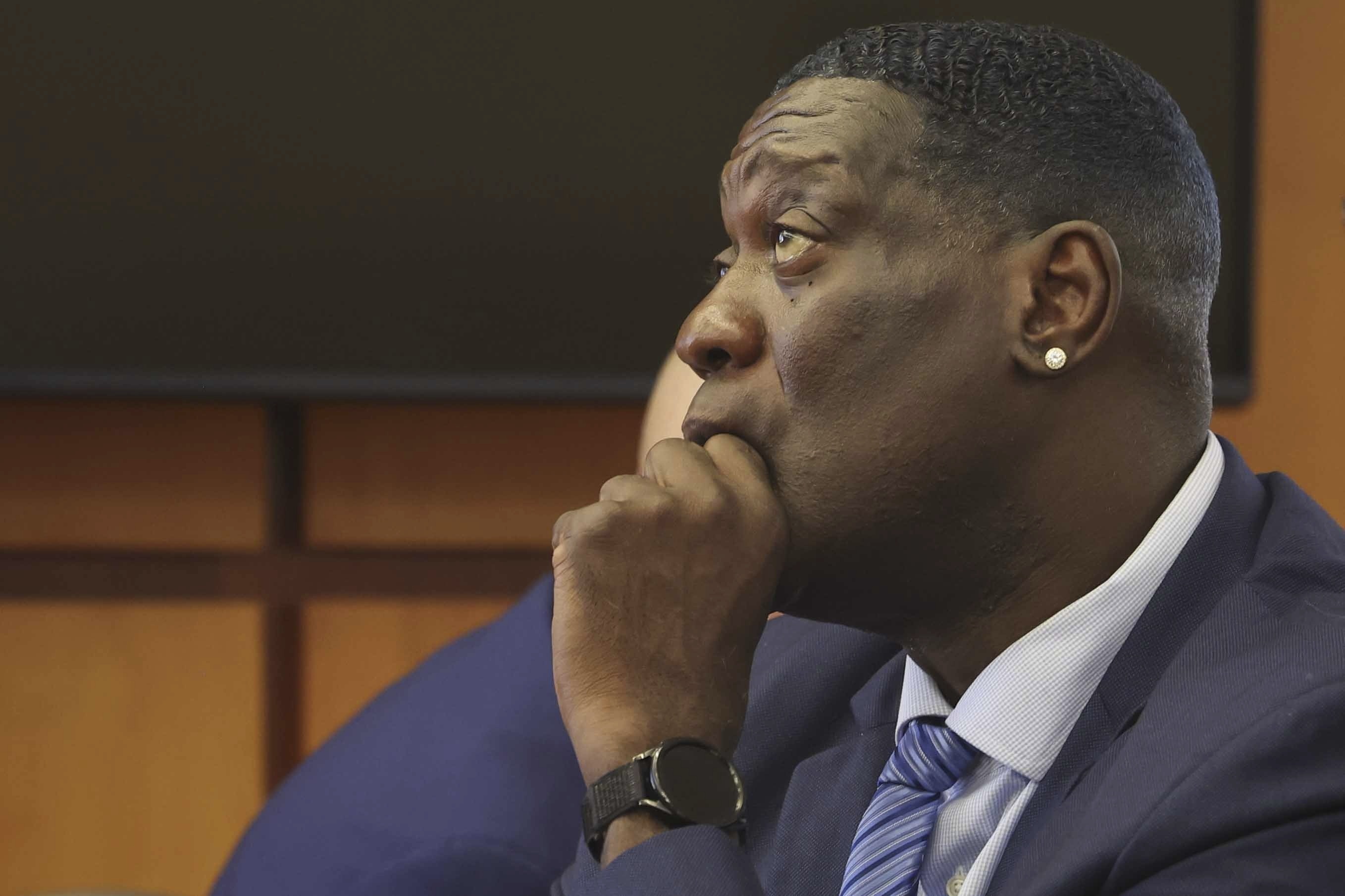 Former Seattle Sonics basketball player Shawn Kemp looks on following his sentencing at Pierce County Superior Court in Tacoma, Wash., on Friday, Aug. 22, 2025. 
