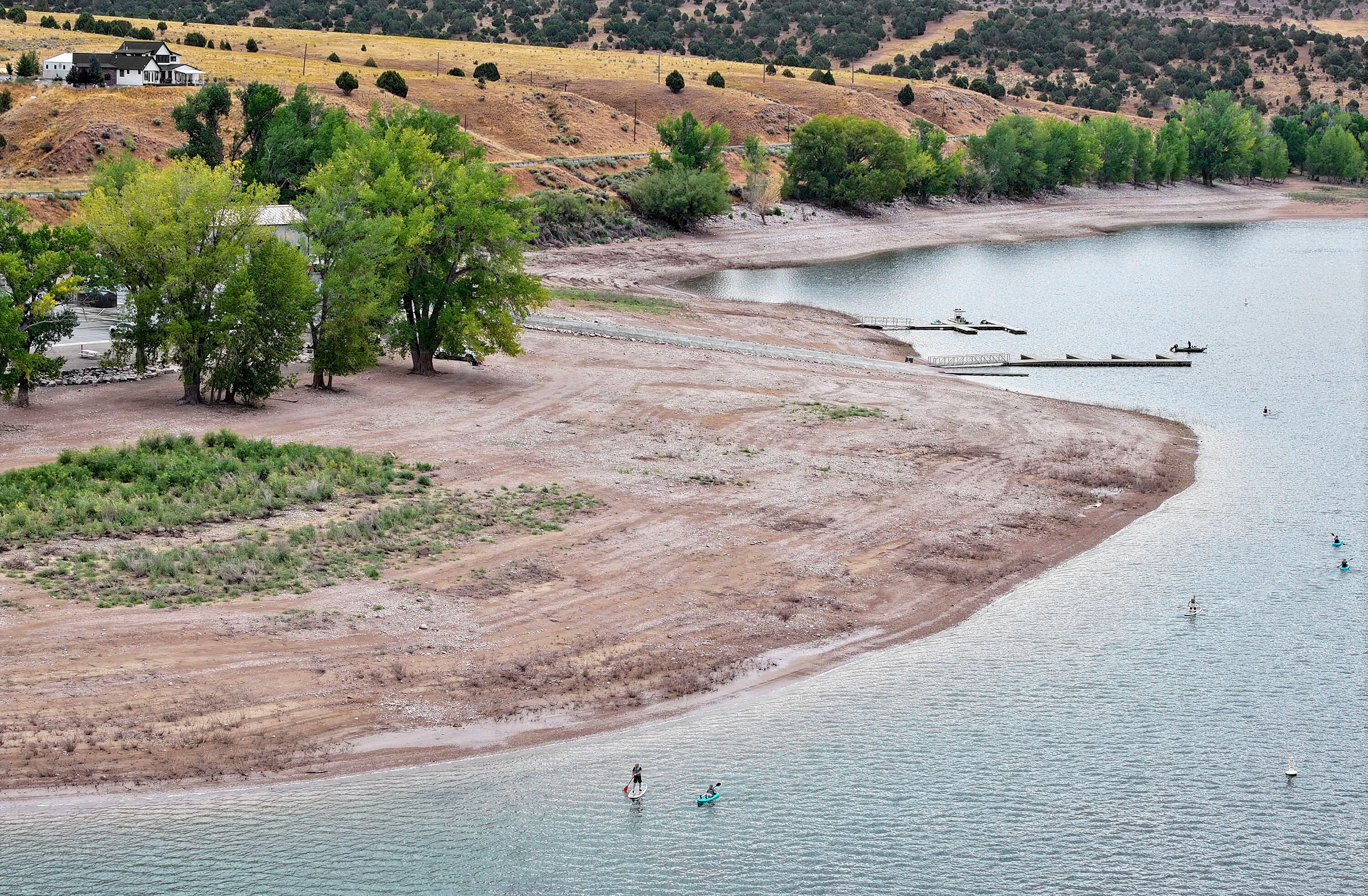A large area of beach is pictured at Echo Reservoir in Coalville on Friday.
