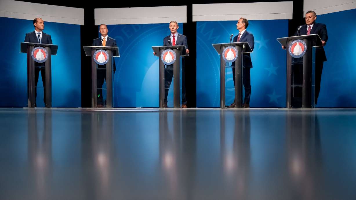 Candidates in the Republican primary for Utah’s 3rd Congressional District take part in a televised debate at the Eccles Broadcast Center in Salt Lake City on June 12, 2024.