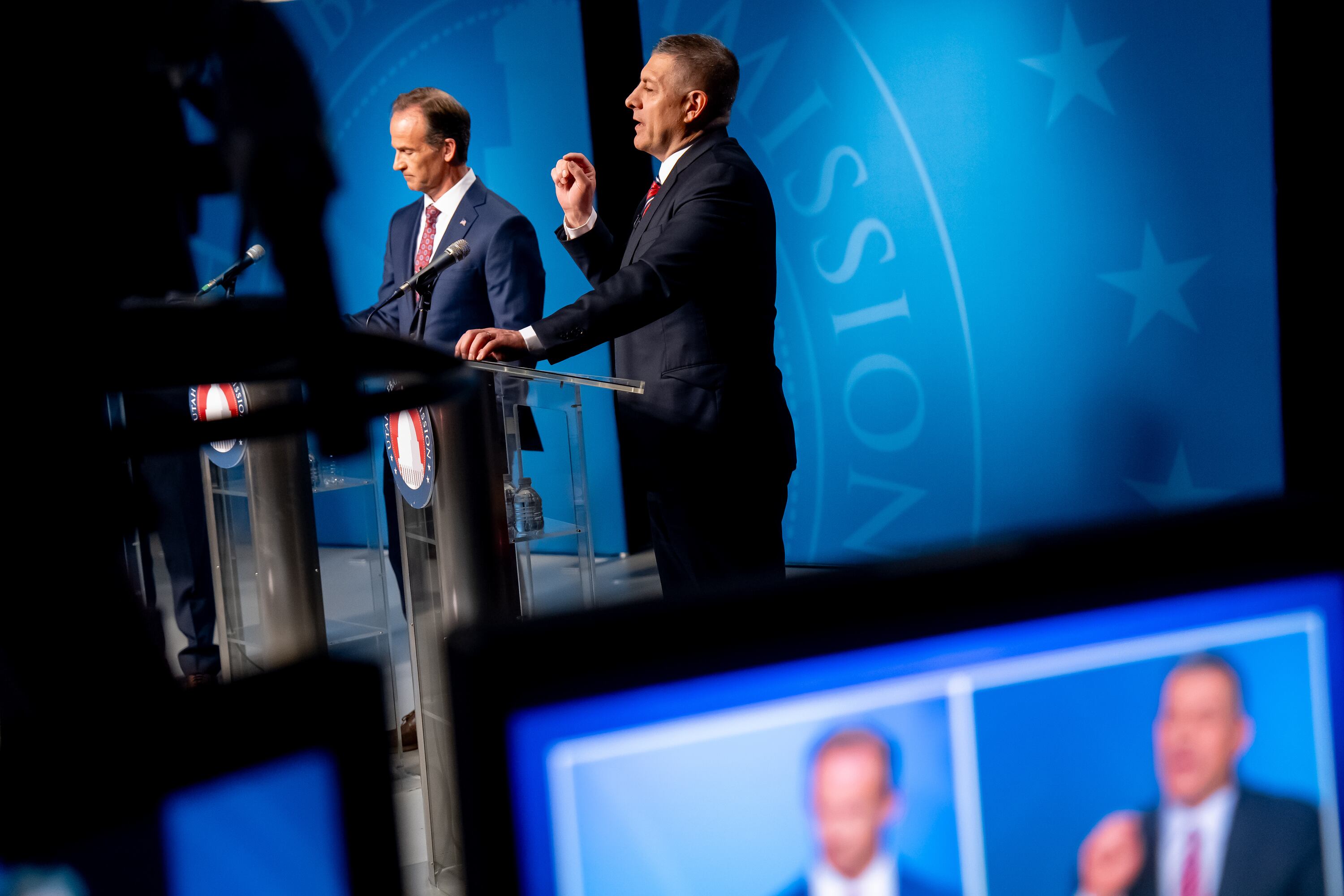 Case Lawrence and Stewart Peay take part in a televised debate at the Eccles Broadcast Center in Salt Lake City on June 12, 2024.