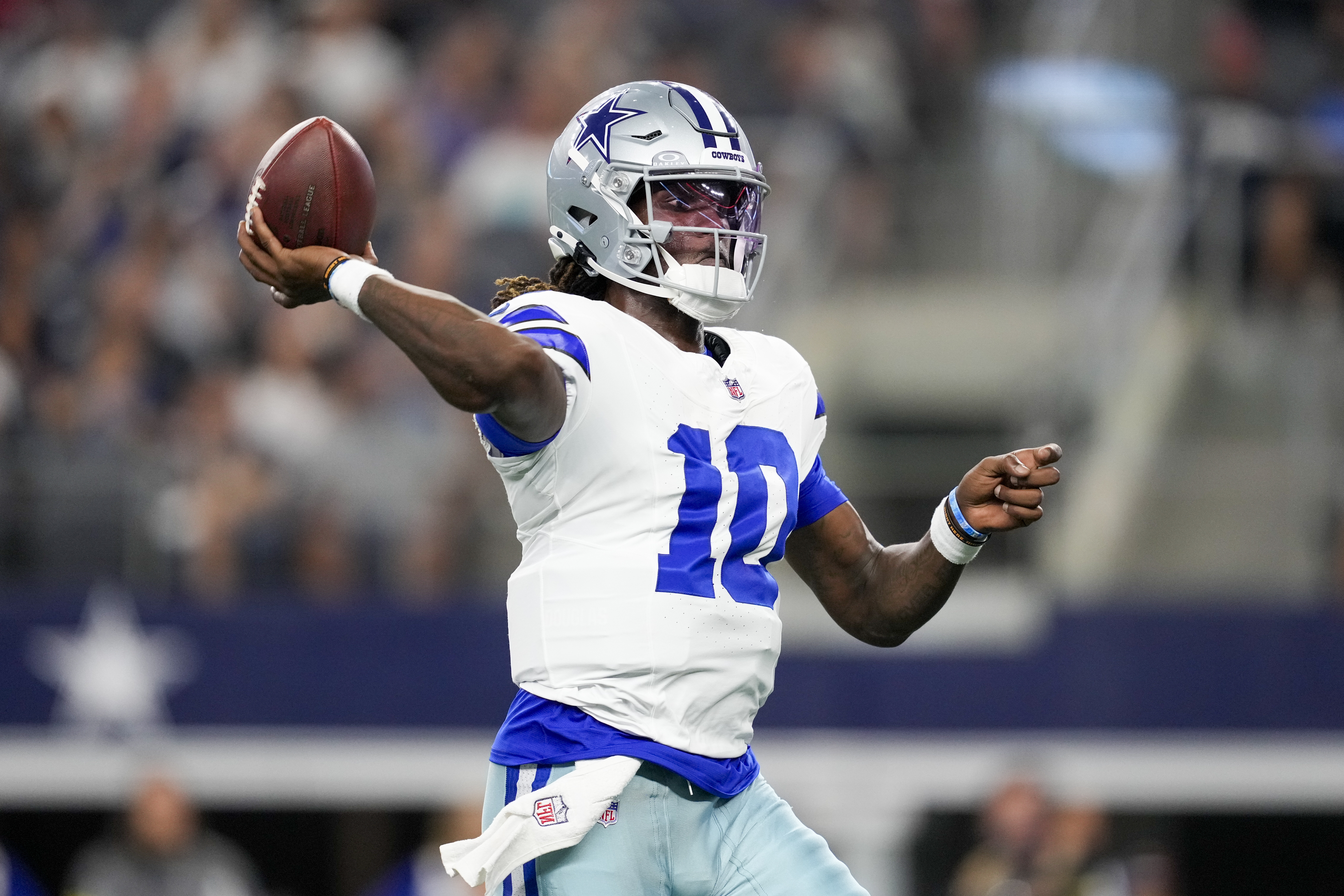 Dallas Cowboys quarterback Joe Milton III throws a pass against the Atlanta Falcons during the first half of a preseason NFL football game Friday, Aug. 22, 2025, in Arlington, Texas. 