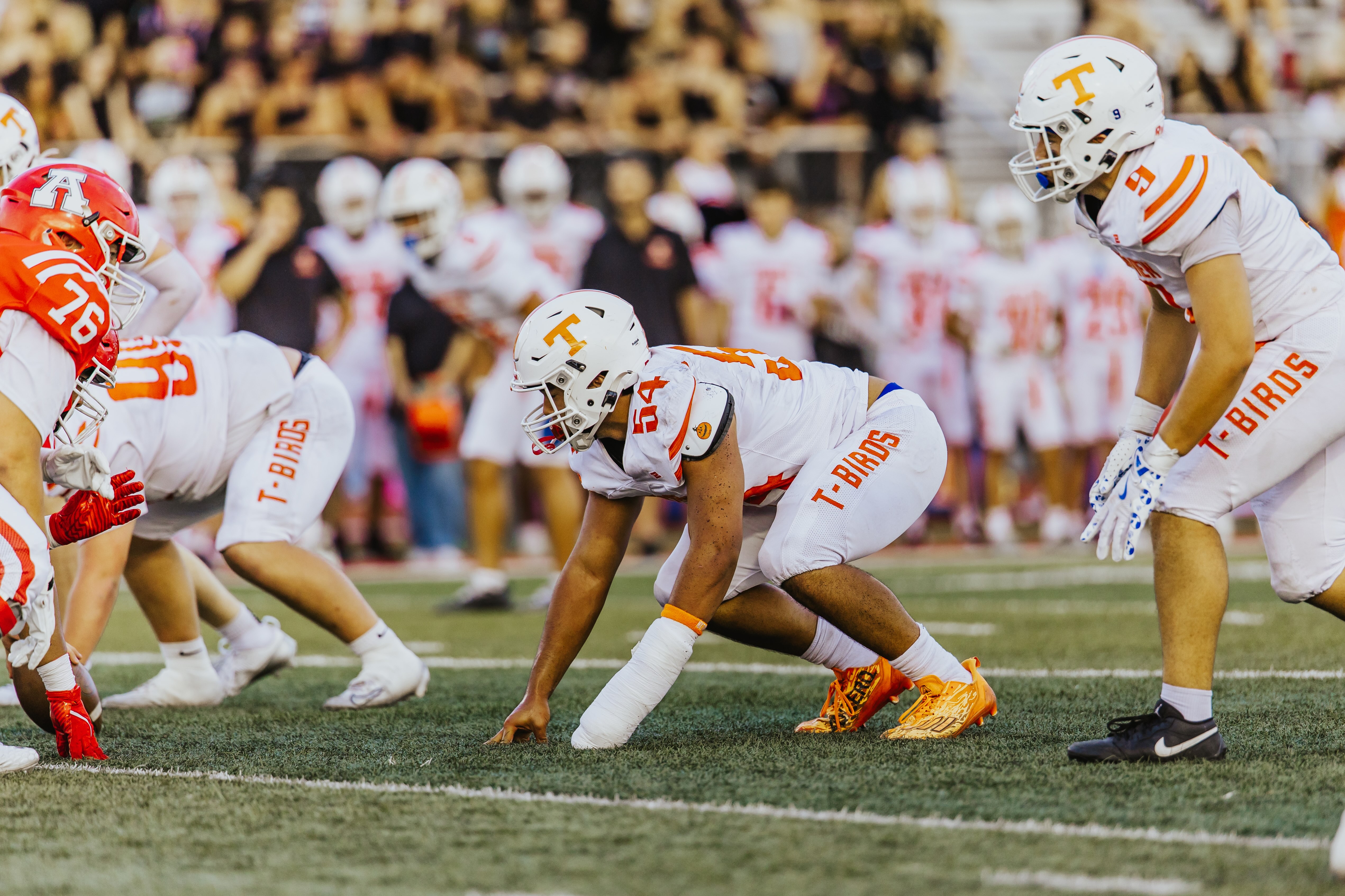 Timpview's Christian Chouinard lines up against American Fork during the Cavemen's 48-25 win over Timpview during a Utah high school football game, Friday, Aug. 22, 2025 in American Fork.
