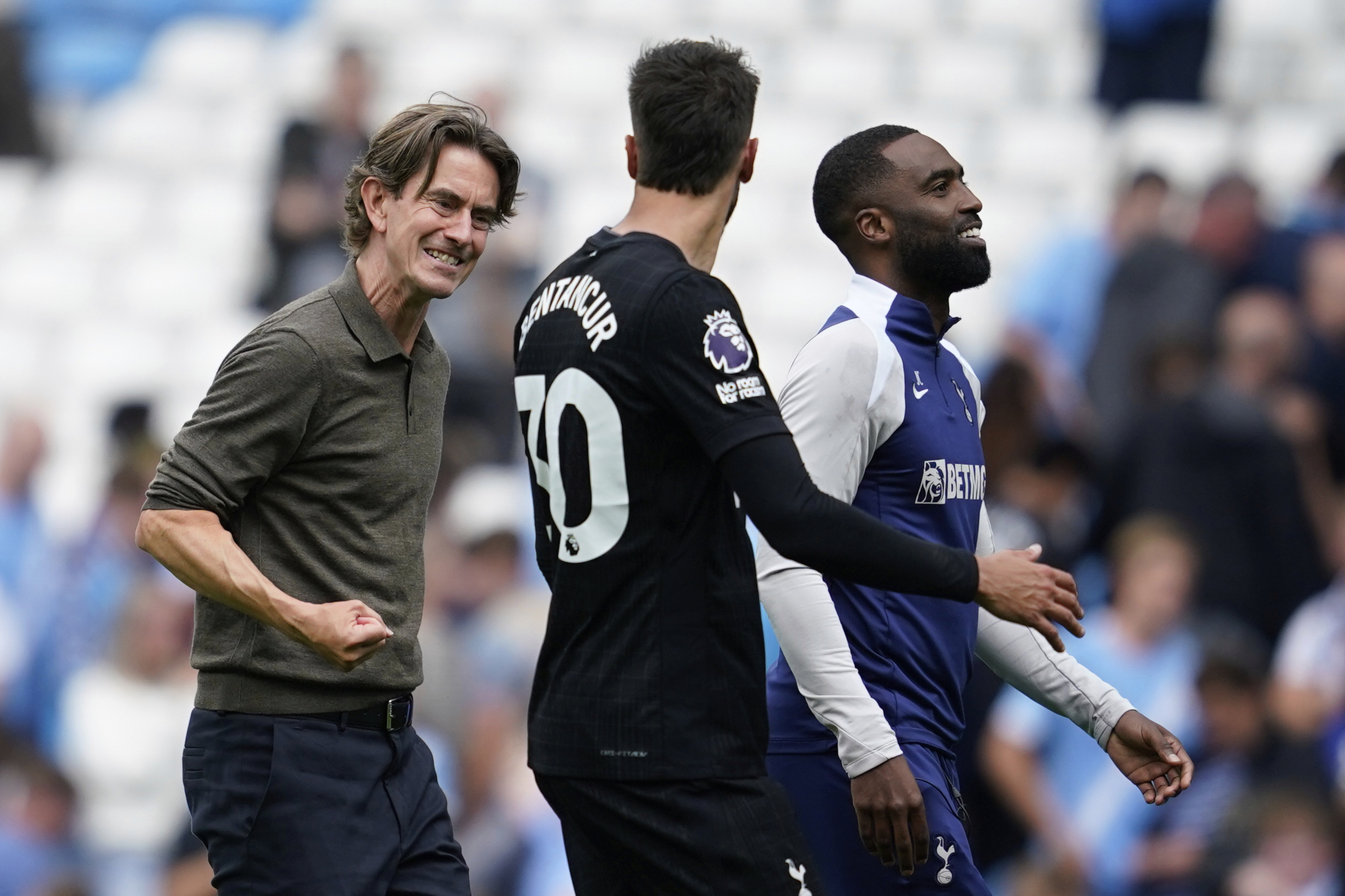 Tottenham's head coach Thomas Frank reacts after the Premier League soccer match between Manchester City and Tottenham in Manchester, England, Saturday, Aug. 23, 2025.