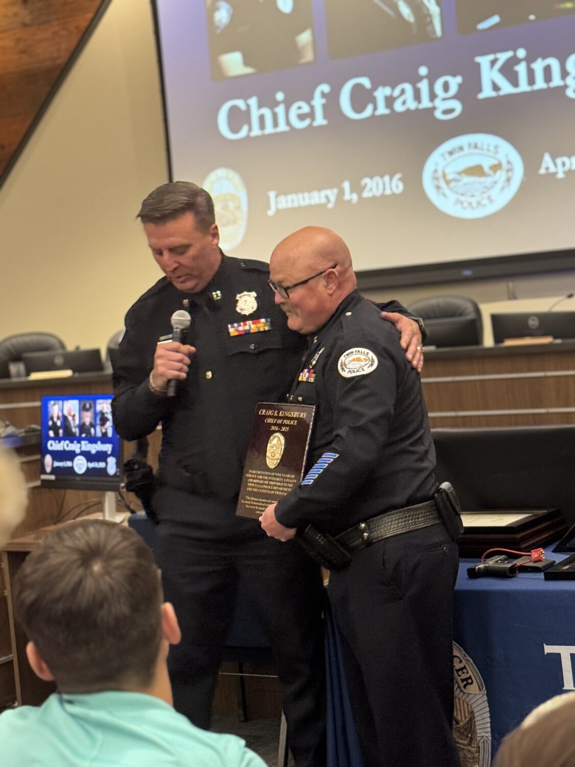 Craig Kingsbury is honored at the time of his retirement from the Twin Falls Police Department earlier this year. Kingsbury has researched the link between police shootings and domestic violence calls.