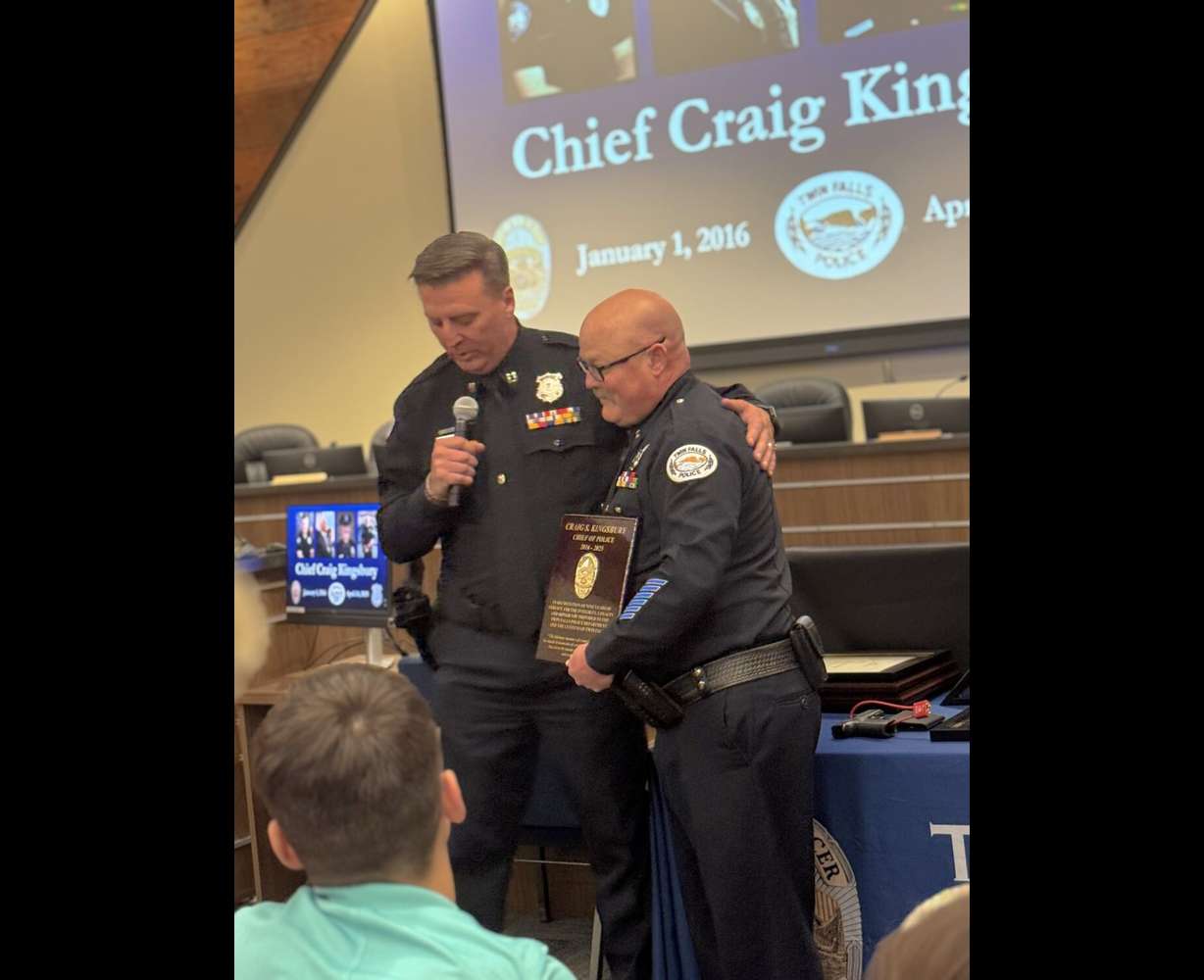 Craig Kingsbury is honored at the time of his retirement from the Twin Falls Police Department earlier this year. Kingsbury has researched the link between police shootings and domestic violence calls.