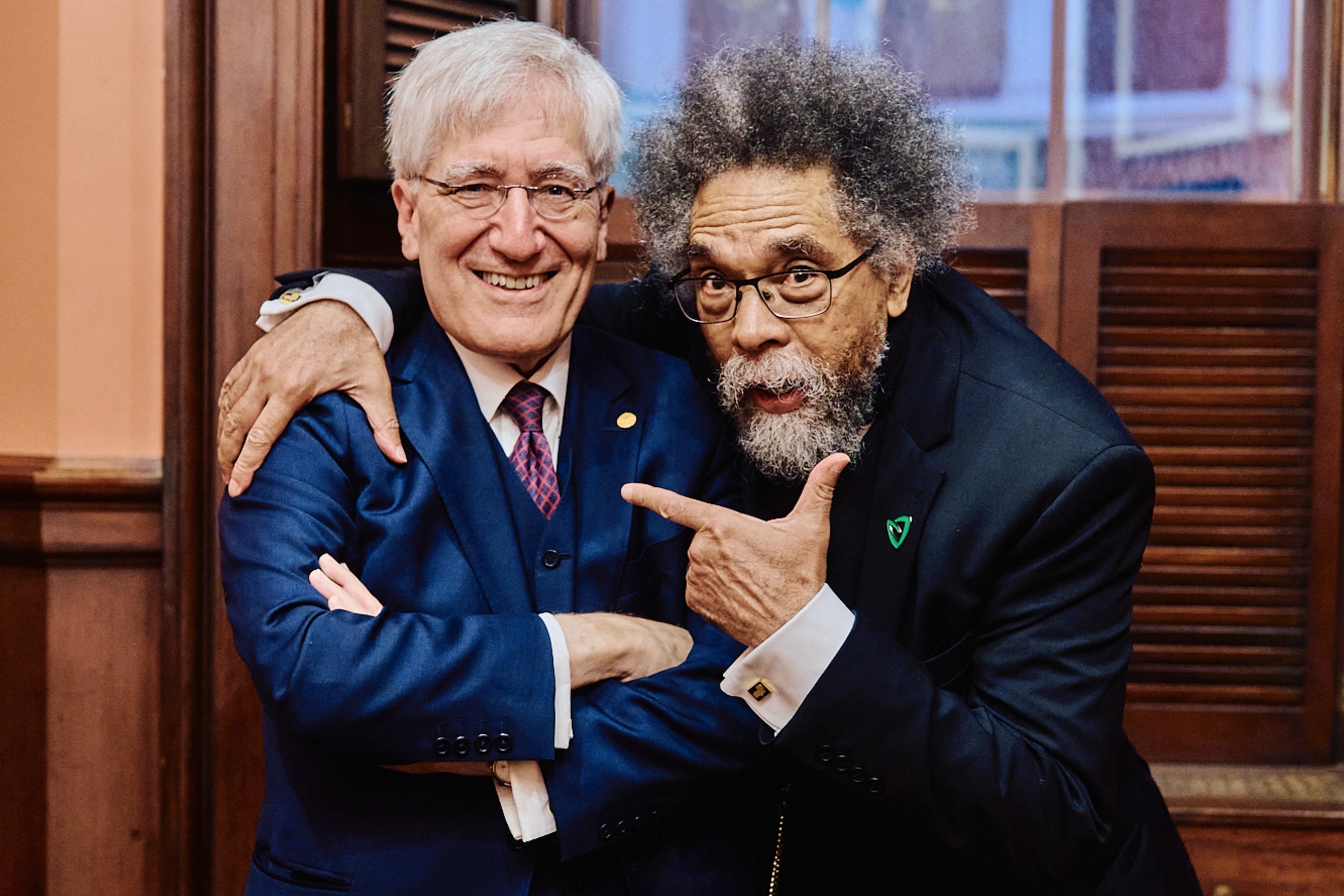 Professors and friends Robert George, left, and Cornel West spoke together on Wednesday, Aug. 20, 2025, in Boston about how to be truth-seekers in the modern world.