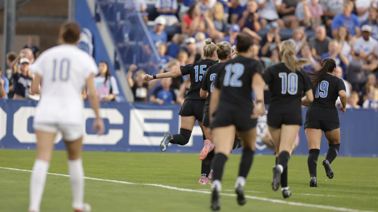 BYU's Ellie Walbruch celebrates a goal against No. 4 UCLA, Saturday, Aug. 23, 2025 at South Field in Provo, Utah.