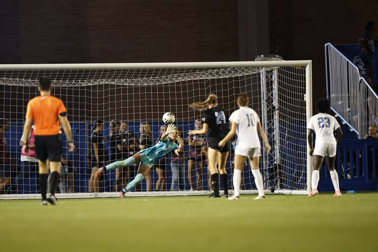 BYU goalkeeper Paiton Collins makes a save during the No. 19 Cougars' 1-0 win over No. 4 UCLA in the 2025 season's home opener, Saturday, Aug. 23, 2025 at South Field in Provo, Utah.