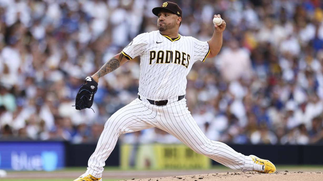 San Diego Padres starting pitcher Nestor Cortes works against the Los Angeles Dodgers in the second inning of a baseball game Saturday, Aug. 23, 2025, in San Diego.