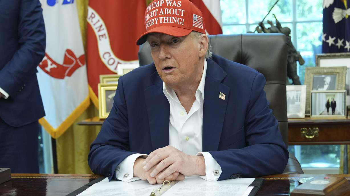 President Donald Trump speaks in the Oval Office of the White House, Friday, Aug. 22, 2025, in Washington.