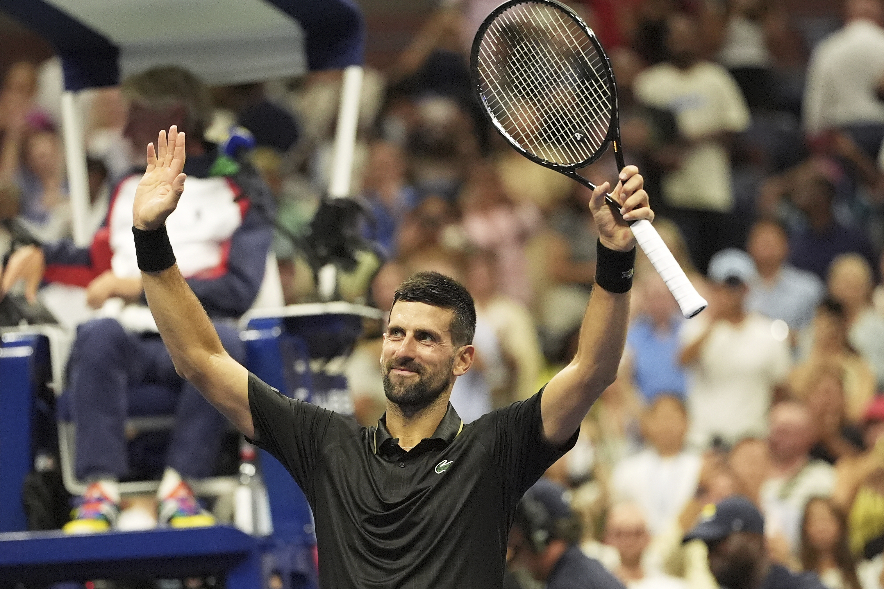 Novak Djokovic, of Serbia, celebrates after defeating Learner Tien, of the United States, during the first-round of the U.S. Open tennis championships, Sunday, Aug. 24, 2025, in New York.