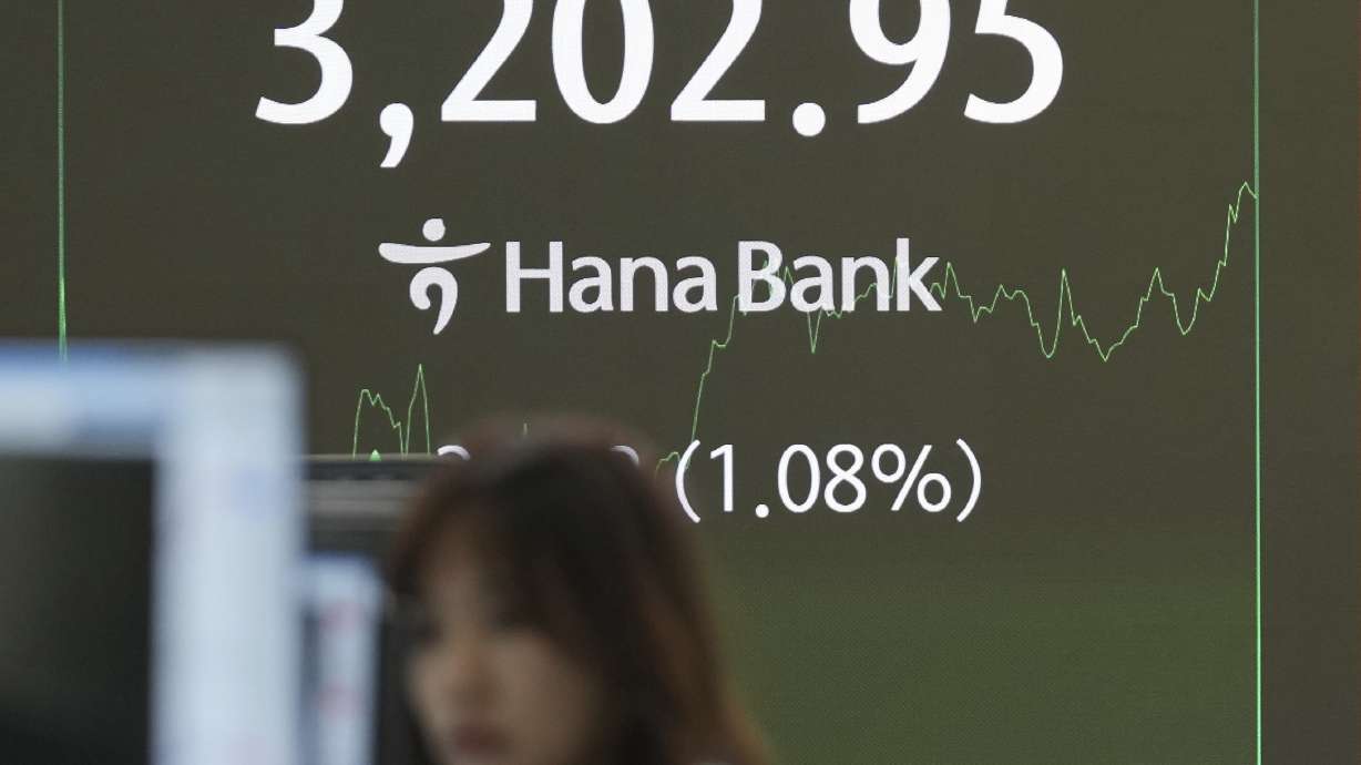 A dealer watches computer monitors near screens showing the Korea Composite Stock Price Index at a dealing room of Hana Bank in Seoul, South Korea, Monday.
