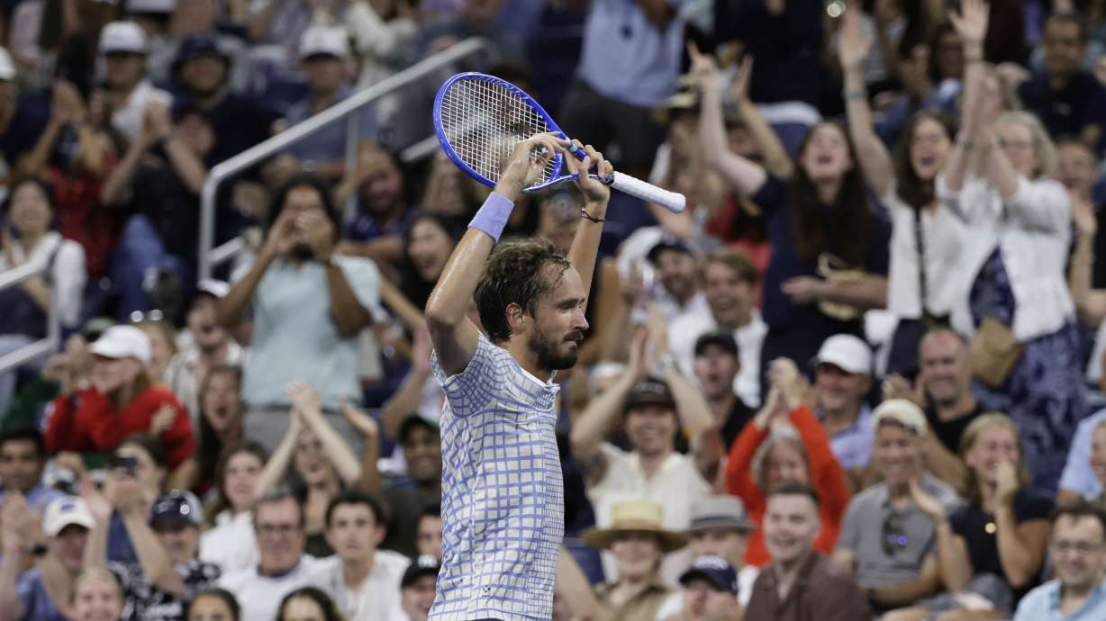 Daniil Medvedev, of Russia, reacts during a match against Benjamin Bonzi, of France, in the first-round of the U.S. Open tennis championships, Sunday, Aug. 24, 2025, in New York.