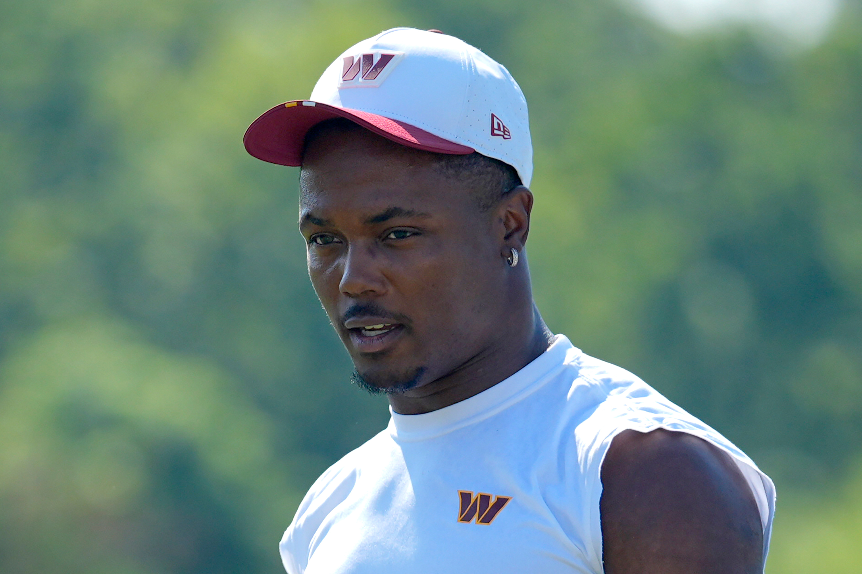 Washington Commanders wide receiver Terry McLaurin walks across the field after a practice at the team's NFL football training camp, Sunday, July 27, 2025, in Ashburn, Va. 