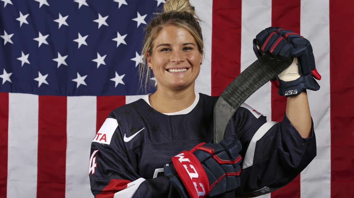 FILE - United States ice hockey player Brianna Decker poses for a portrait at the 2017 Team USA Media Summit Tuesday, Sept. 26, 2017, in Park City, Utah.