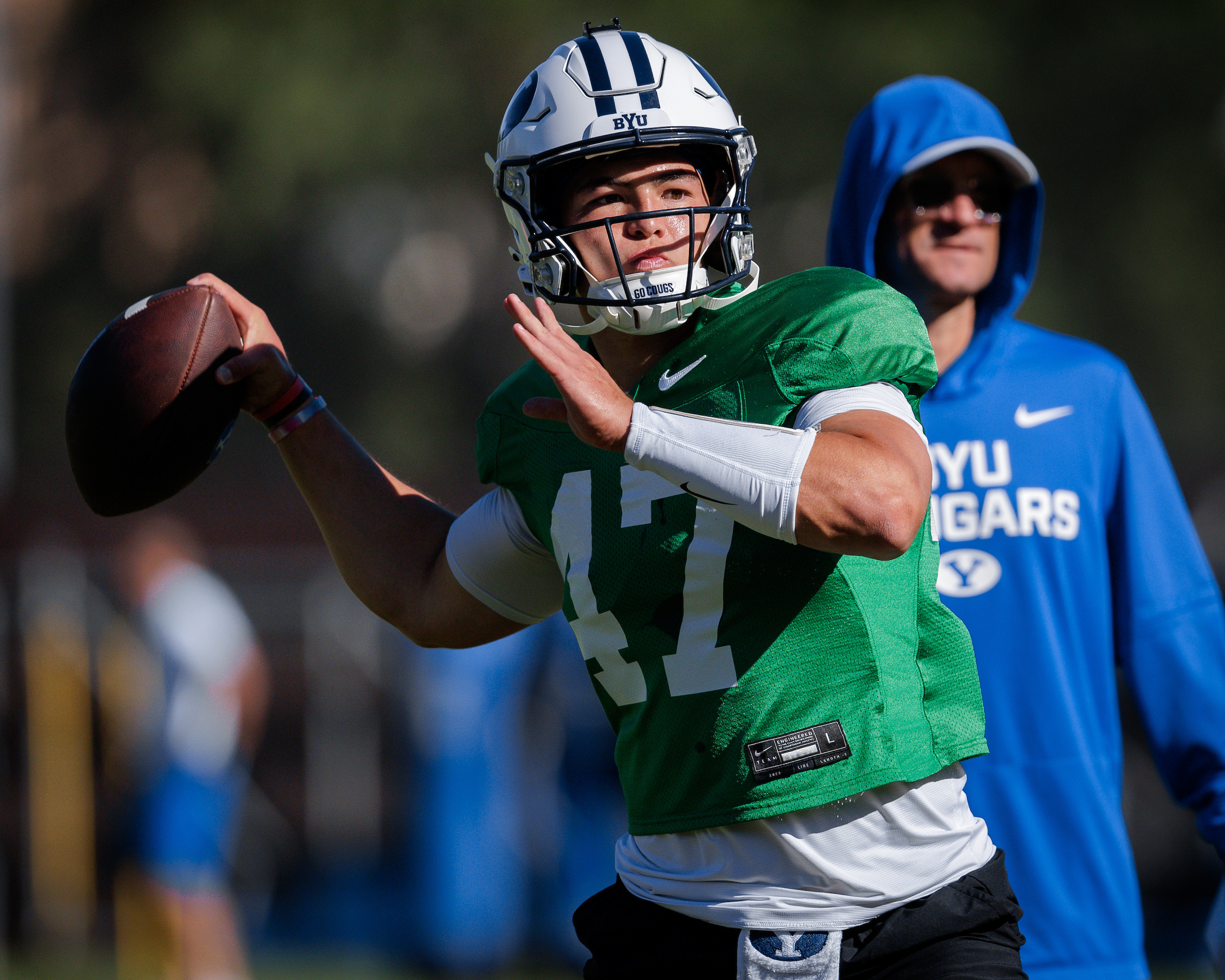 BYU quarterback Bear Bachmeier looks to pass during a practice, Tuesday, Aug. 19, 2025 in Provo, Utah.