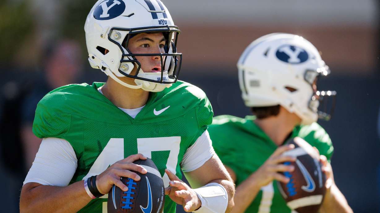 BYU quarterback Bear Bachmeier throws a pass during practice, Tuesday, Aug. 15, 2025 in Provo, Utah.