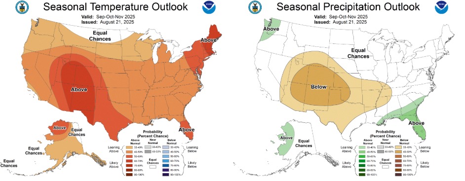 These maps, released by the National Weather Service Climate Prediction Center, show temperature and precipitation probabilities for the U.S. throughout meteorological fall. The outlook lists Utah has having slightly stronger odds for above-normal temperature and below-average precipitation throughout the season.