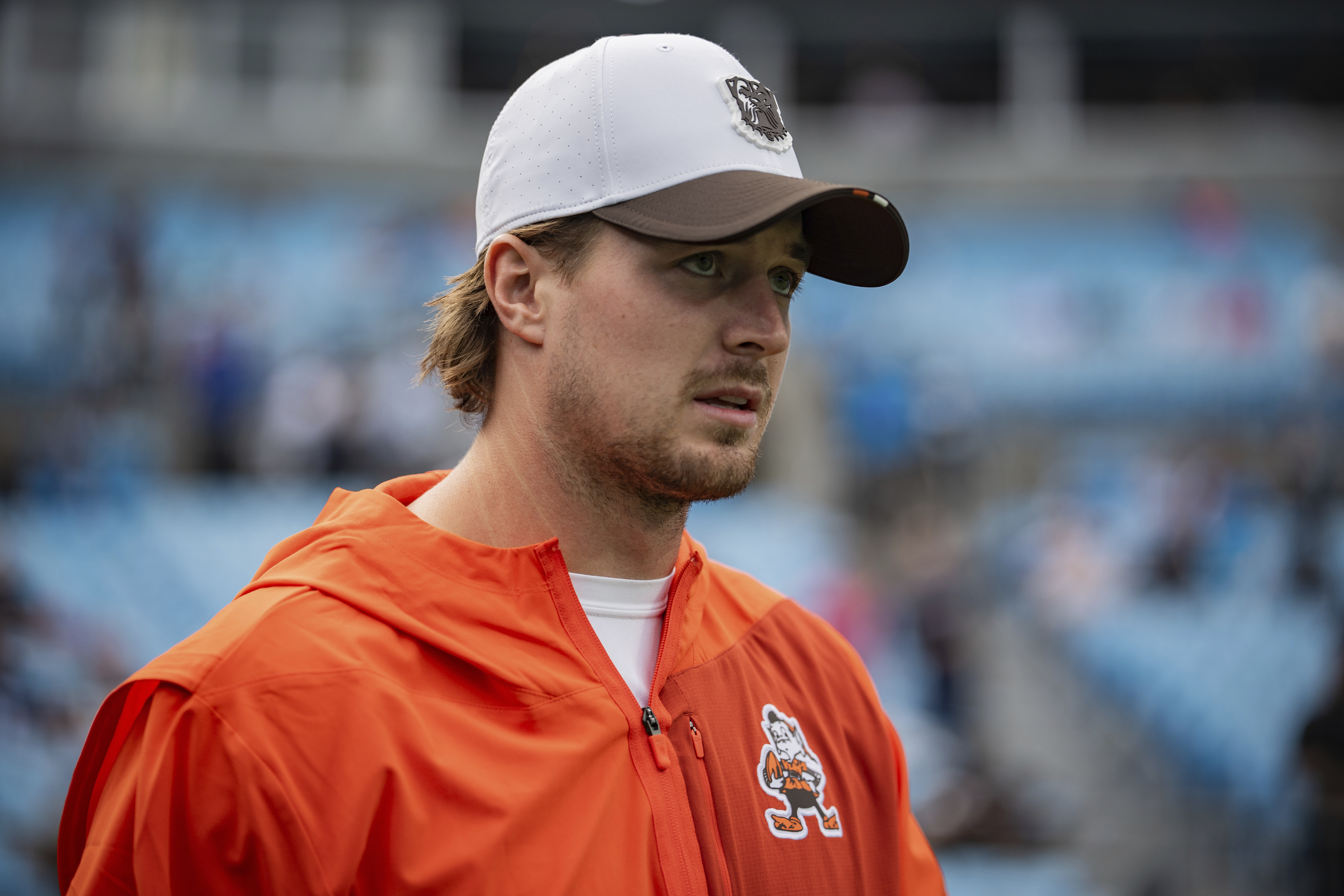 FILE - Cleveland Browns quarterback Kenny Pickett (8) looks on during a preseason NFL football game between the Carolina Panthers and the Cleveland Browns Friday, Aug. 8, 2025, in Charlotte, N.C. 