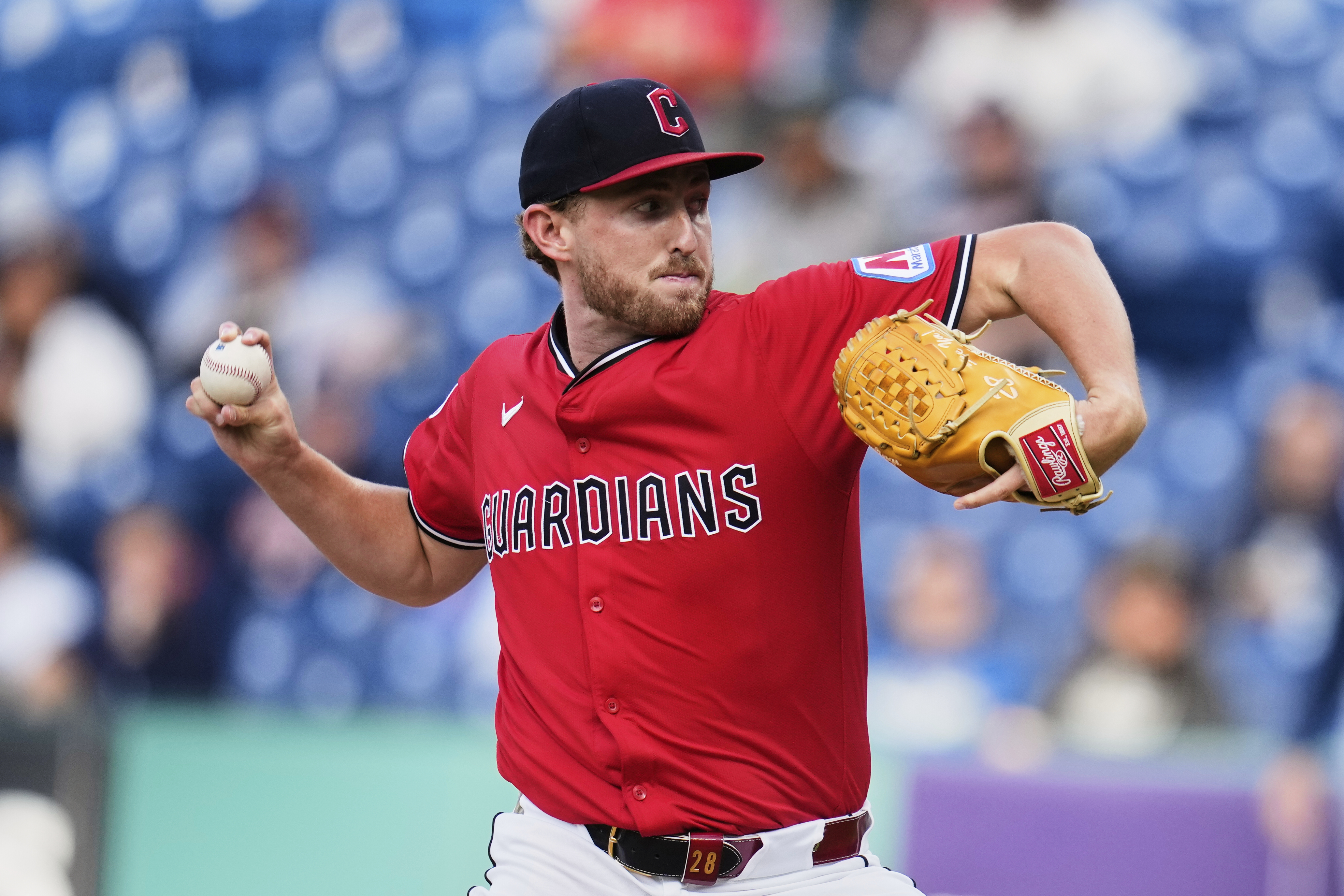 Cleveland Guardians' Tanner Bibee pitches in the first inning of a baseball game against the Tampa Bay Rays in Cleveland, Monday, Aug. 25, 2025. 