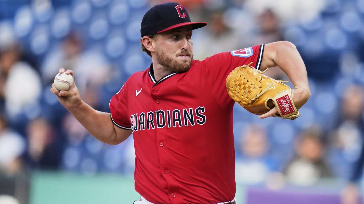 Cleveland Guardians' Tanner Bibee pitches in the first inning of a baseball game against the Tampa Bay Rays in Cleveland, Monday, Aug. 25, 2025.