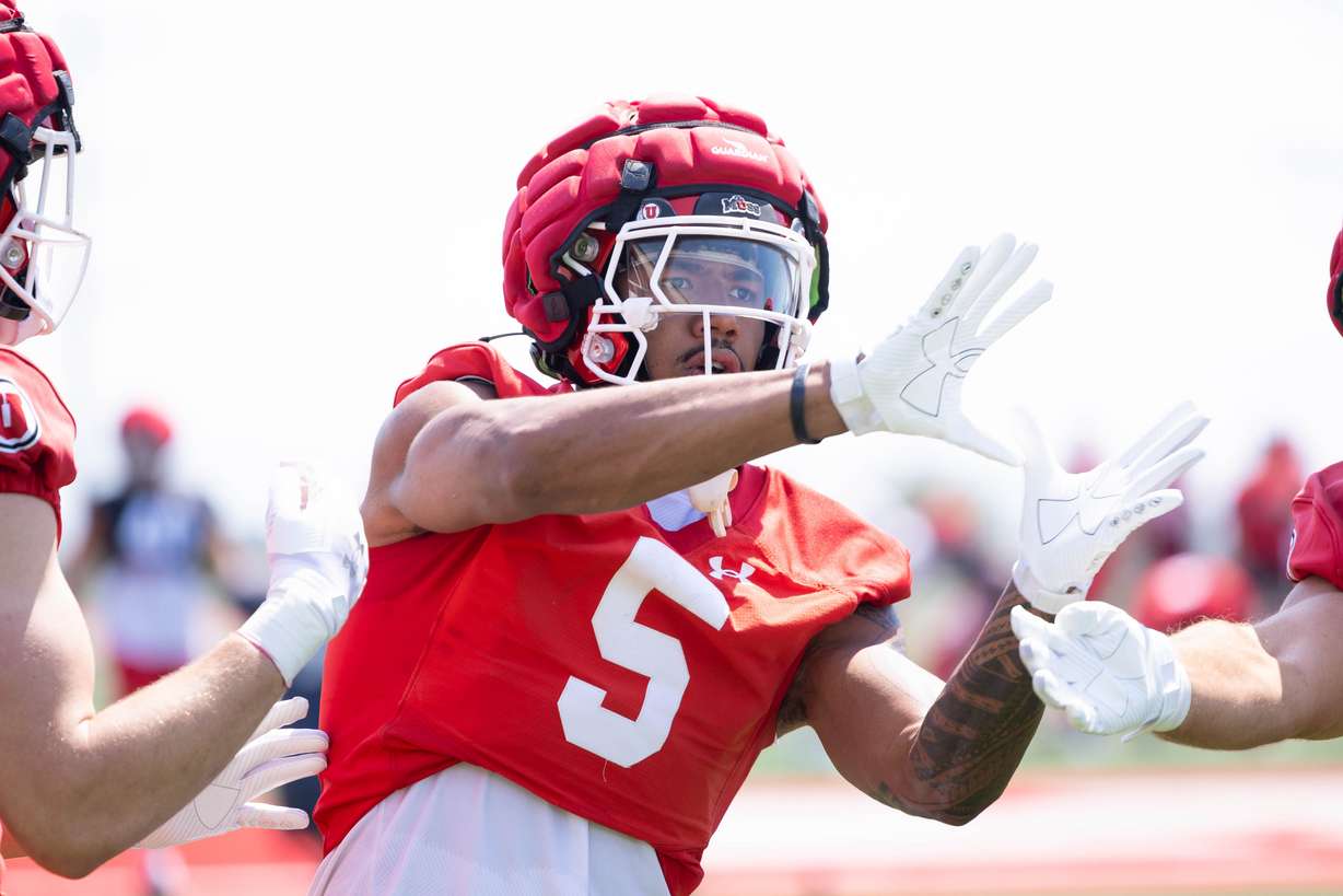 Utah tight end Otto Tia prepares to catch a pass during practice in Salt Lake City on Aug. 6. 2025.