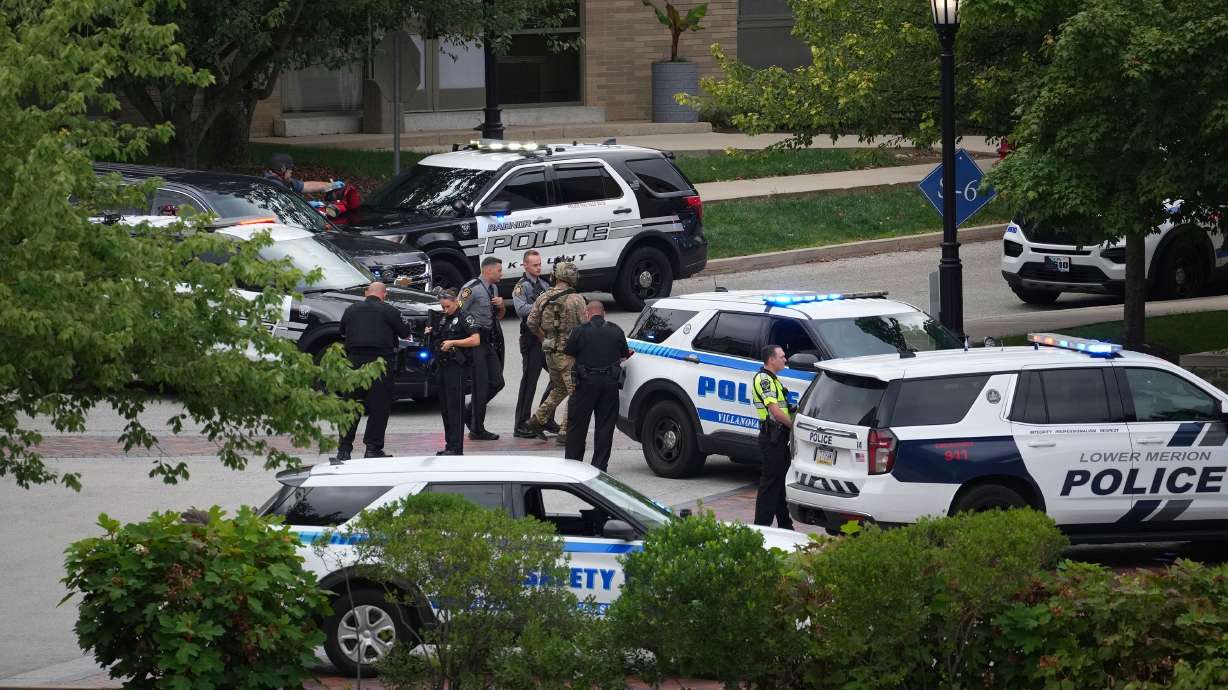 Police gather at Villanova University after an active shooter was reported Thursday, in Villanova, Penn.
