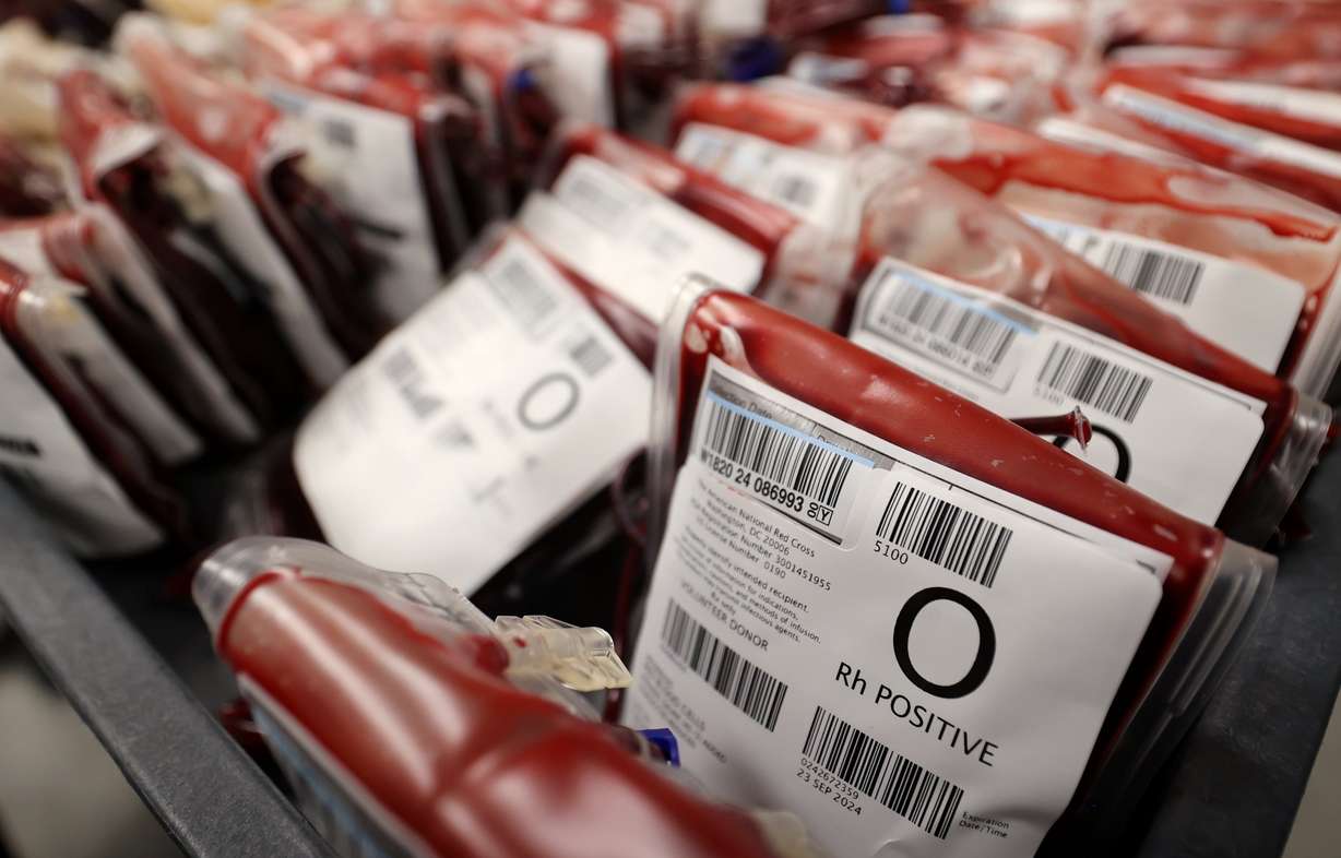 Units of red blood cells are pictured at the American Red Cross Blood Donation Center and Lab in Murray on Aug. 15, 2024.