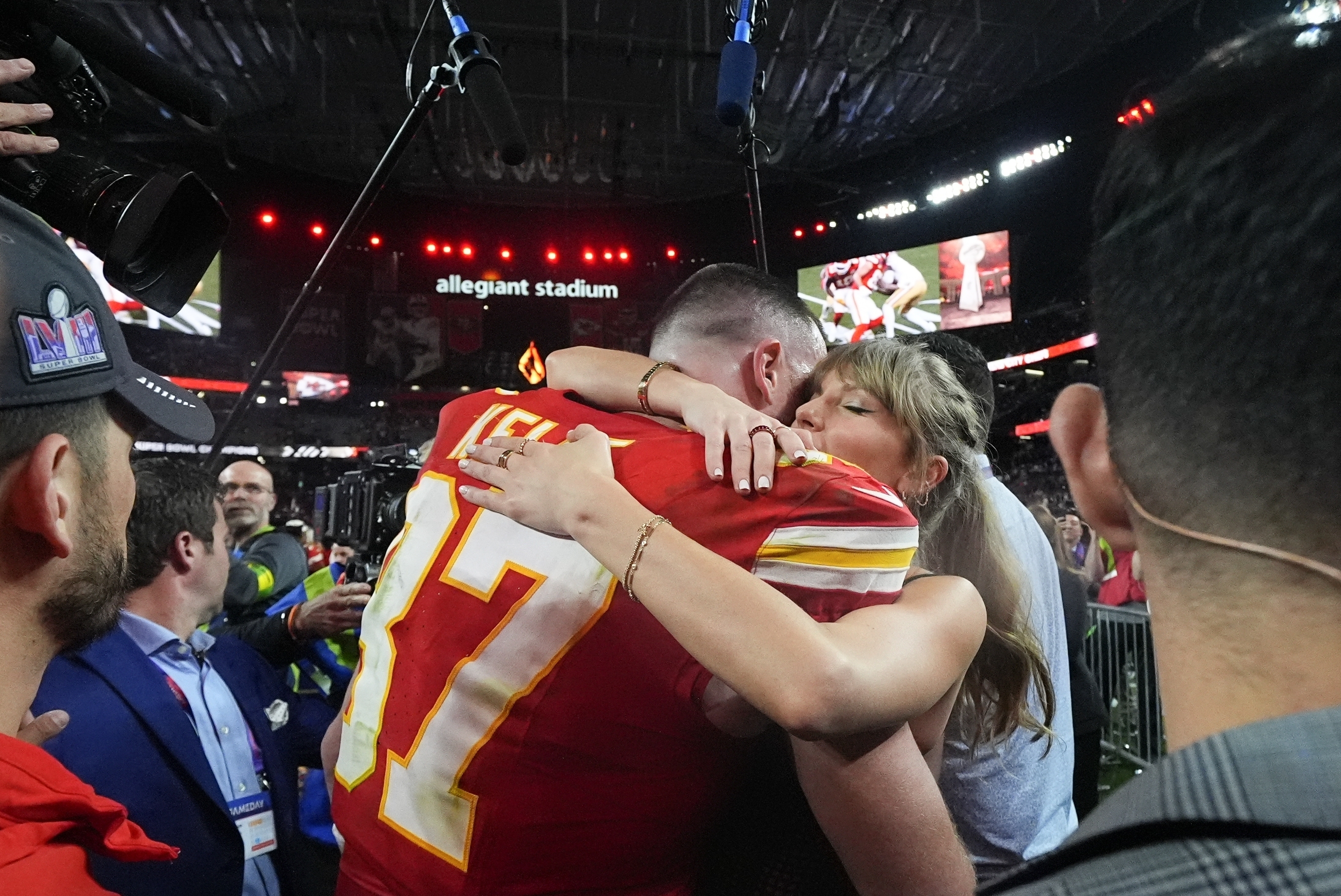 FILE - Taylor Swift embraces Kansas City Chiefs tight end Travis Kelce after the NFL Super Bowl 58 football game against the San Francisco 49ers, Feb. 11, 2024, in Las Vegas. The Chiefs won 25-22 against the 49ers.