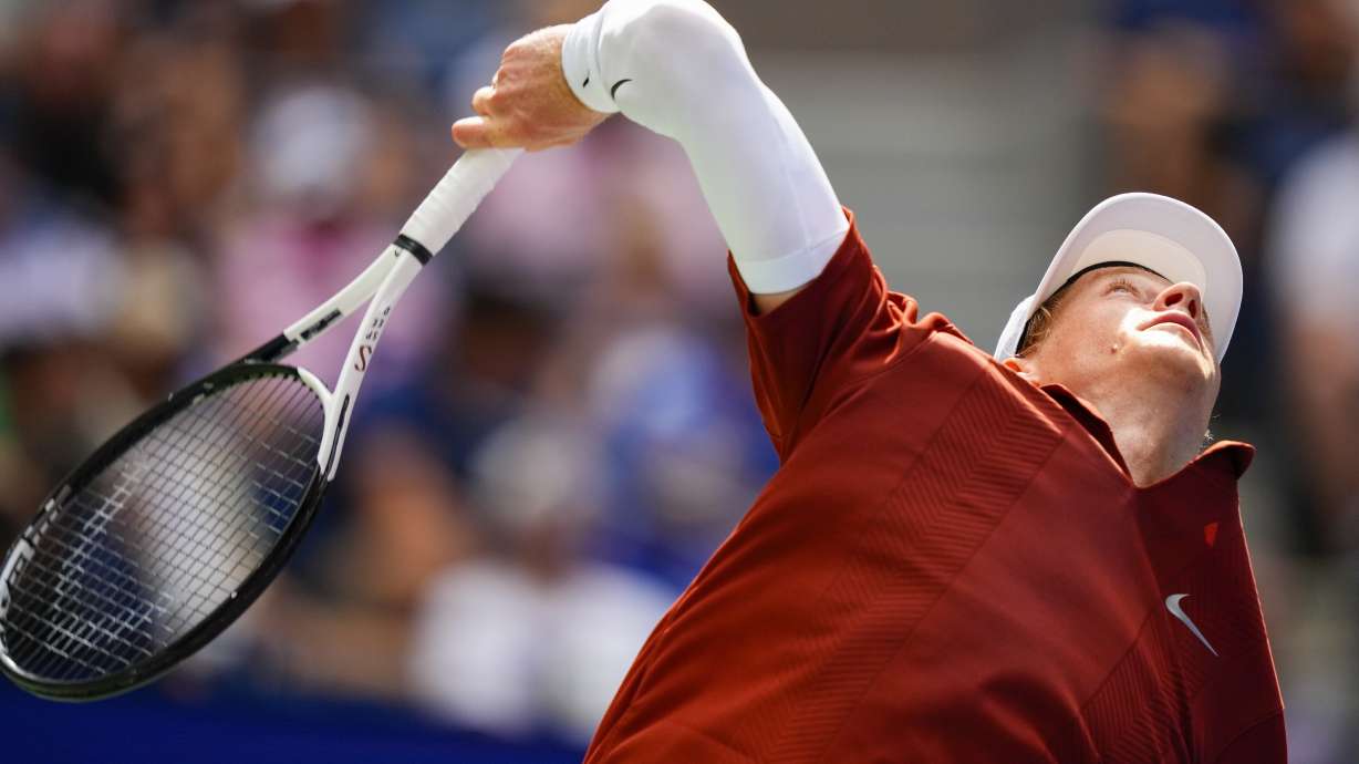 Jannik Sinner, of Italy, serves to Vit Kopriva, of the Czech Republic, during the first round of the U.S. Open tennis championships, Tuesday, Aug. 26, 2025, in New York.