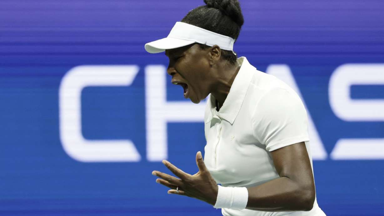 Venus Williams, of the United States, reacts against Karolina Muchova, of the Czech Republic, during the first round of the U.S. Open tennis championships, Monday, Aug. 25, 2025, in New York.