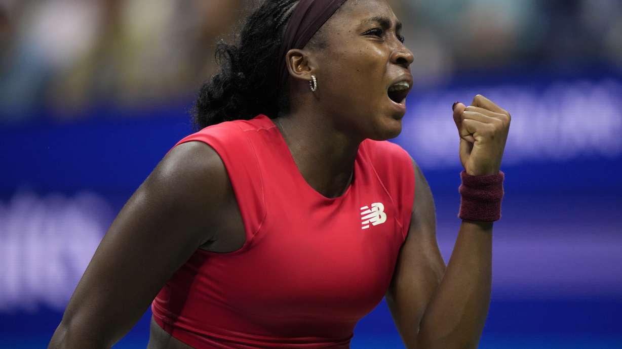 Coco Gauff, of the United States, reacts after scoring a point in the second set against Ajla Tomljanovic, of Australia, during the first round of the U.S. Open tennis championships, Tuesday, Aug. 26, 2025, in New York.