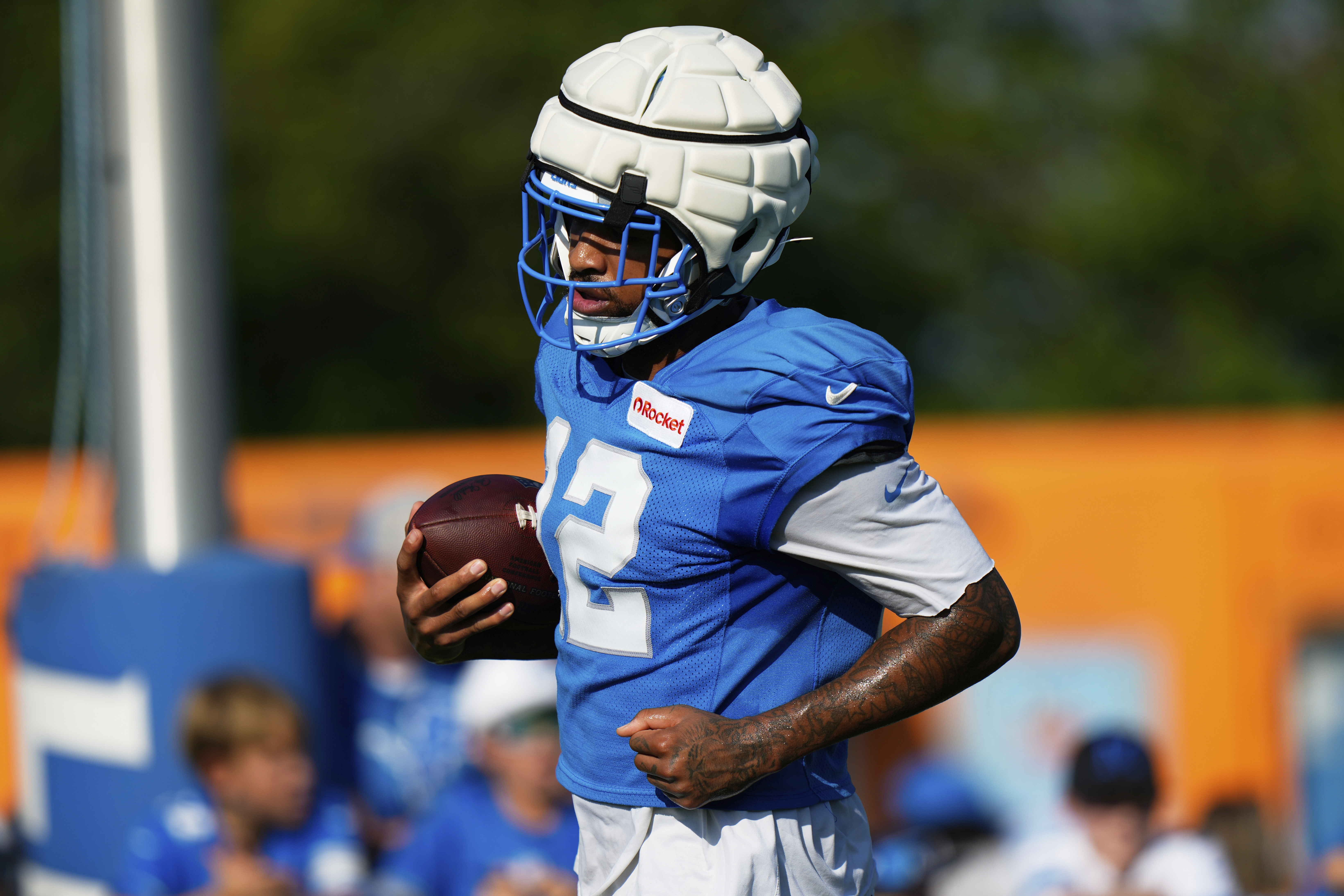 Detroit Lions wide receiver Tim Patrick runs drills during an NFL football practice Monday, July 28, 2025, in Allen Park, Mich. 