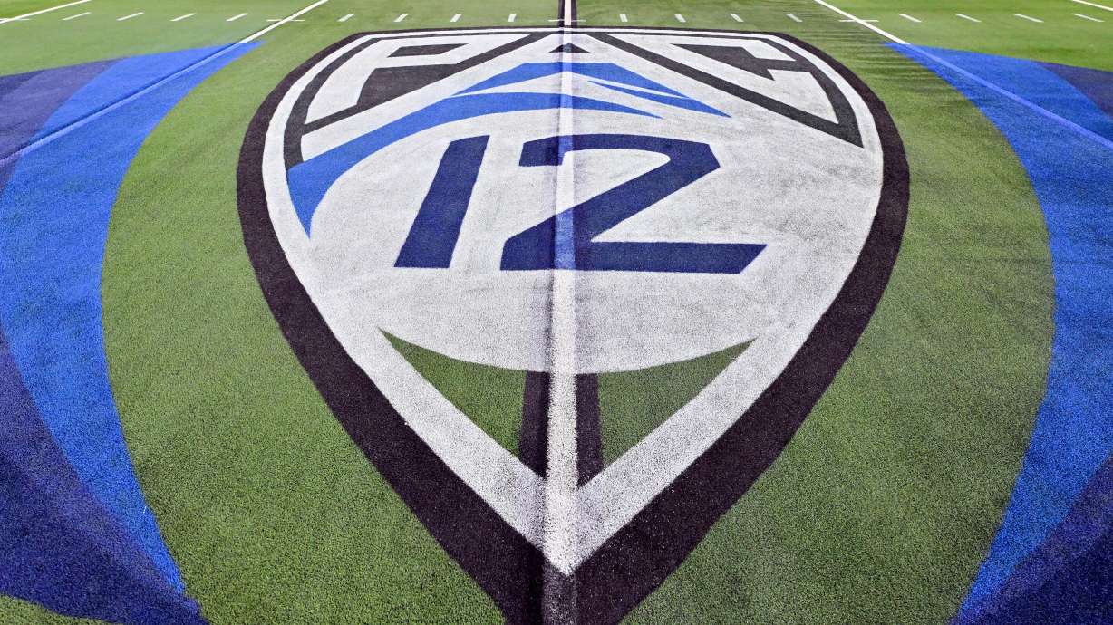 FILE - The logo of the Pac 12 is seen on the field before the Pac-12 championship NCAA college football game between Washington and Oregon, Dec. 1, 2023, in Las Vegas.