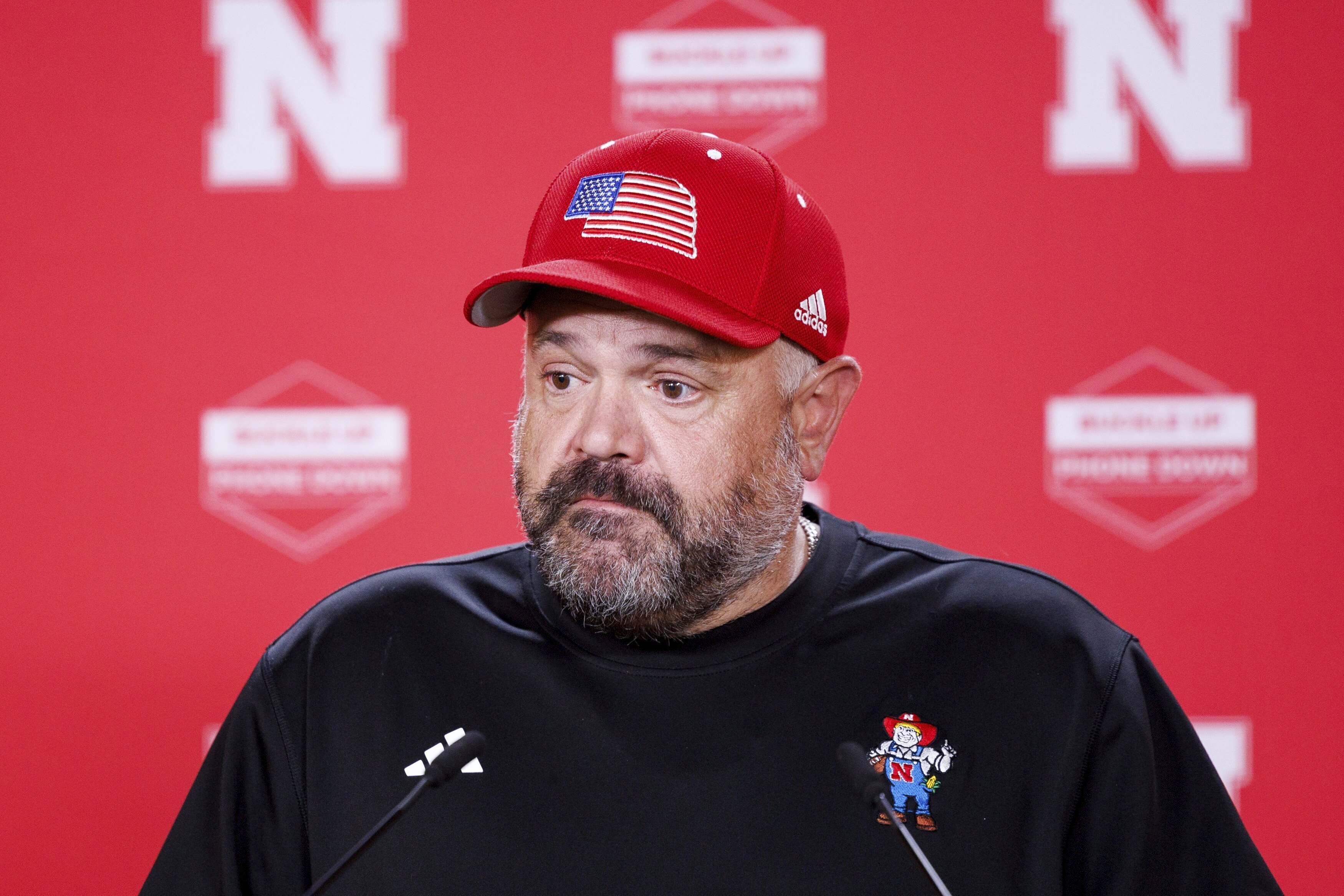 FILE - Nebraska head coach Matt Rhule reacts during an NCAA college football news conference, April 22, 2025, in Lincoln, Neb. 