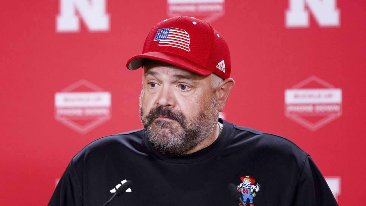 FILE - Nebraska head coach Matt Rhule reacts during an NCAA college football news conference, April 22, 2025, in Lincoln, Neb.