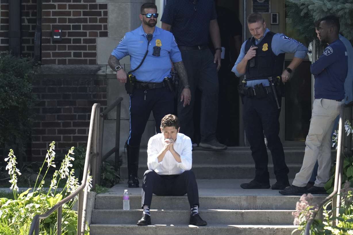 Minneapolis Mayor Jacob Frey at the Annunciation Church's school, Wednesday, in Minneapolis. Police Chief Brian O'Hara said two children were killed and 17 other people were injured in a shooting at the school.